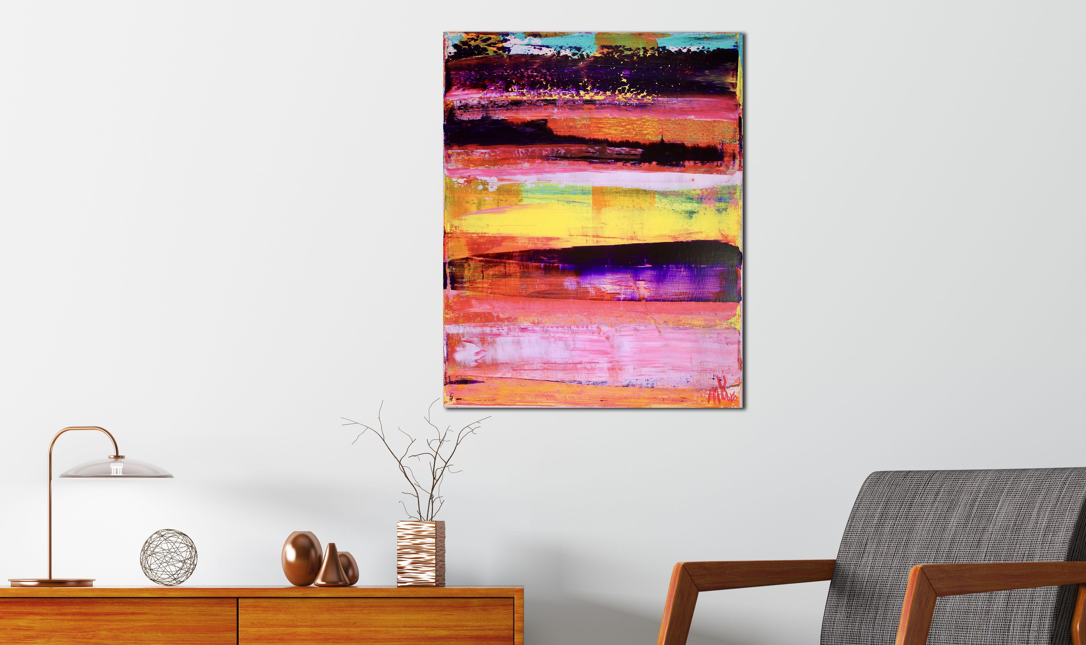 Acrílico paisaje abstracto azul, púrpura, amarillo, rosa colores expresivos contraste de color pintura de campo. Texturizado y estratificado con acrílicos translúcidos fluidos. Firmado y listo para colgar.     ORIGINALES ABSTRACTOS FINOS - ¡ÚNICOS
