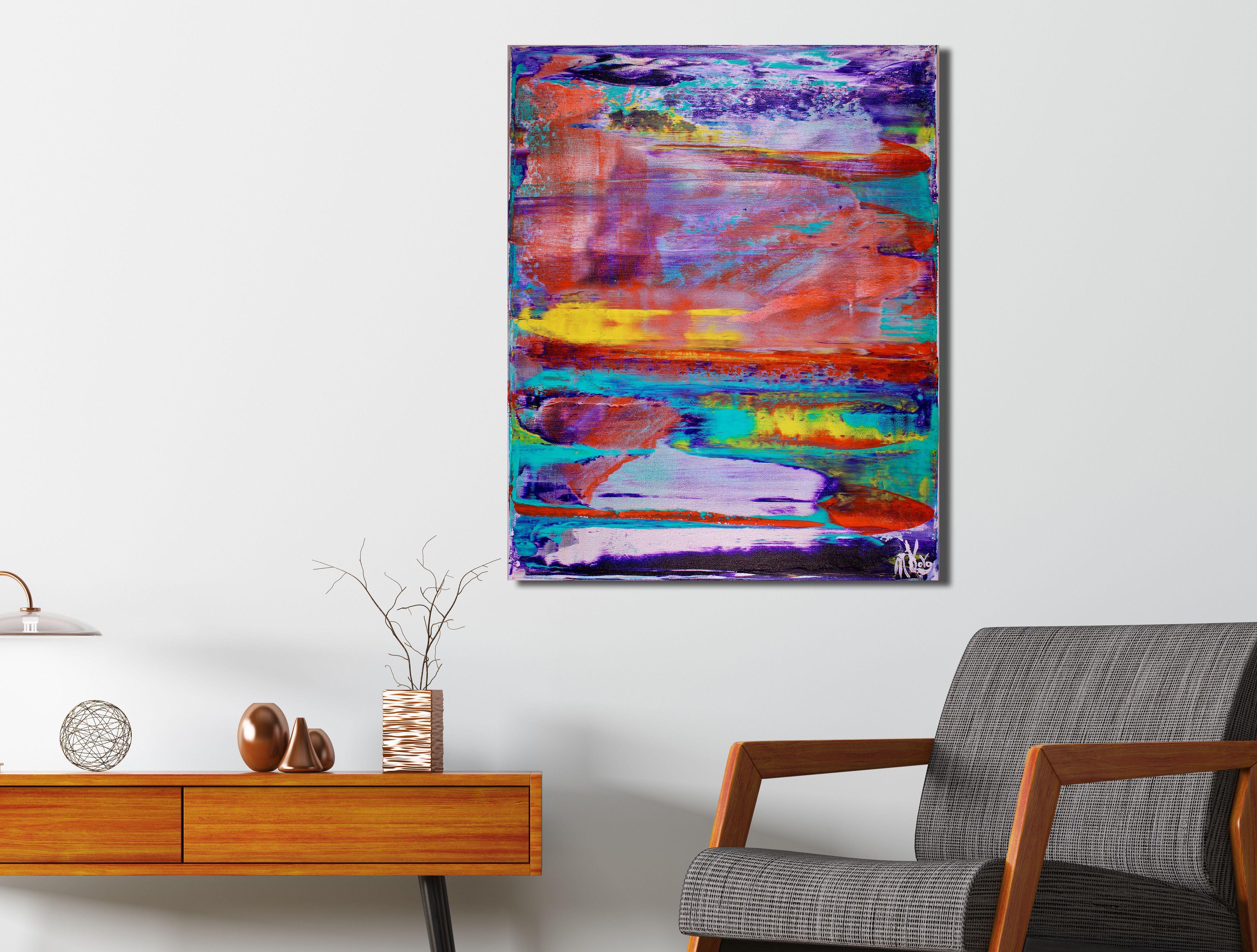 Acrílico abstracto azul, morado, naranja, algo de amarillo expresivo pintura de campo de color contrastado. Textura y capas con acrílicos translúcidos fluidos y medios iridiscentes.    ORIGINALES ABSTRACTOS FINOS - ¡ÚNICOS EN SU GÉNERO!  Sólo hago