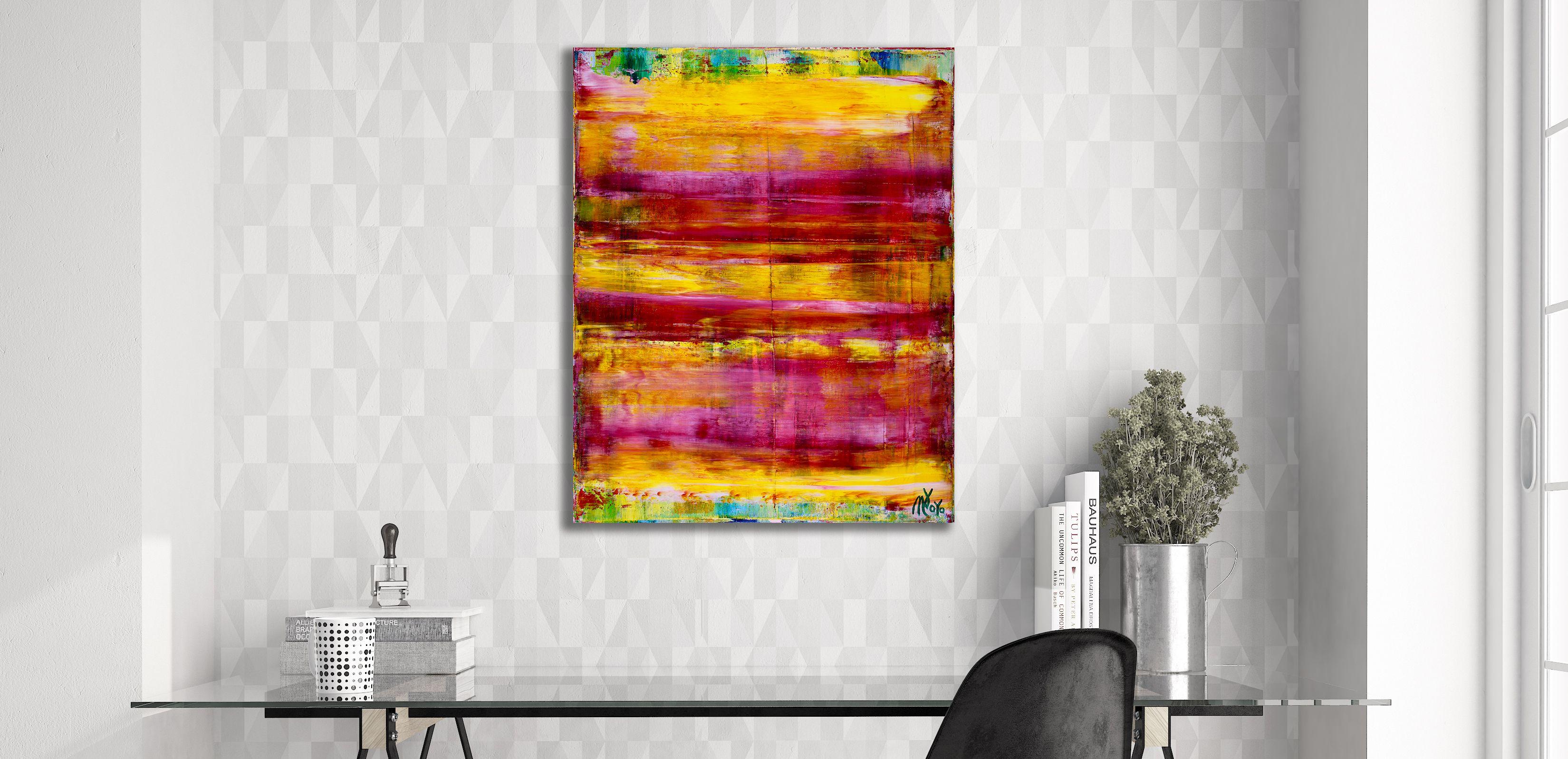 Acrílico abstracto paisaje verde, púrpura, amarillo, rosa colores expresivos contraste de color pintura de campo. Texturizado y estratificado con acrílicos translúcidos fluidos. Firmado y listo para colgar.     ORIGINALES ABSTRACTOS FINOS - ¡ÚNICOS