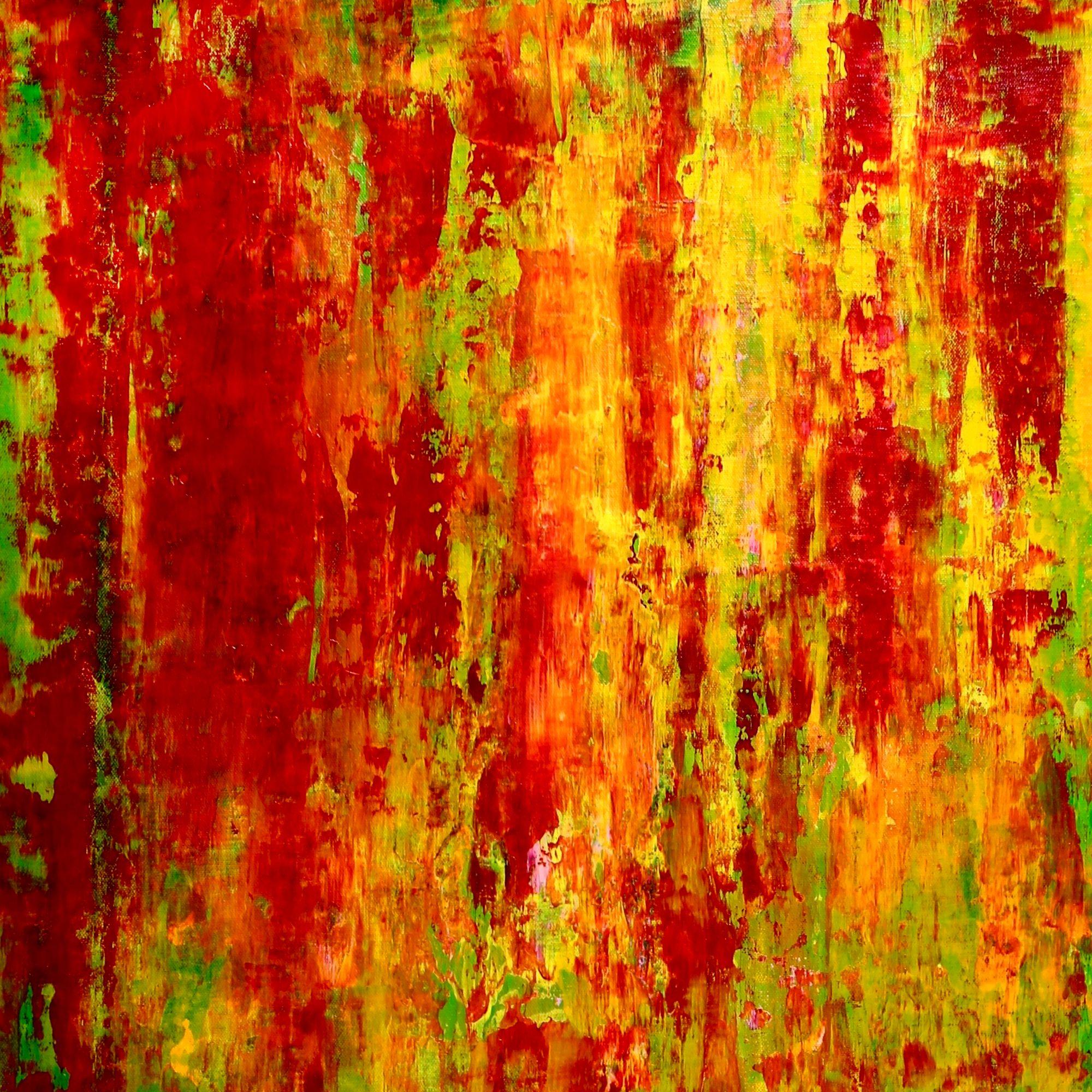Abstract painting motion energy light contrast. Active contemplative intricate details. red, orange, yellow and some green. This is a large statement artwork many textures to contemplate for hours!! Only the best quality pigments used for all my