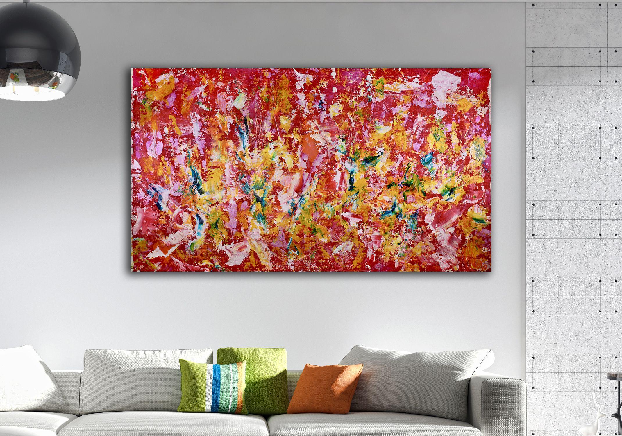 Abstract painting motion energy light contrast. Active contemplative intricate details. Pink, turquoise, yellow and some purple.     Signature on front lower right corner. Also included is a signed Certificate of Authenticity to protect your