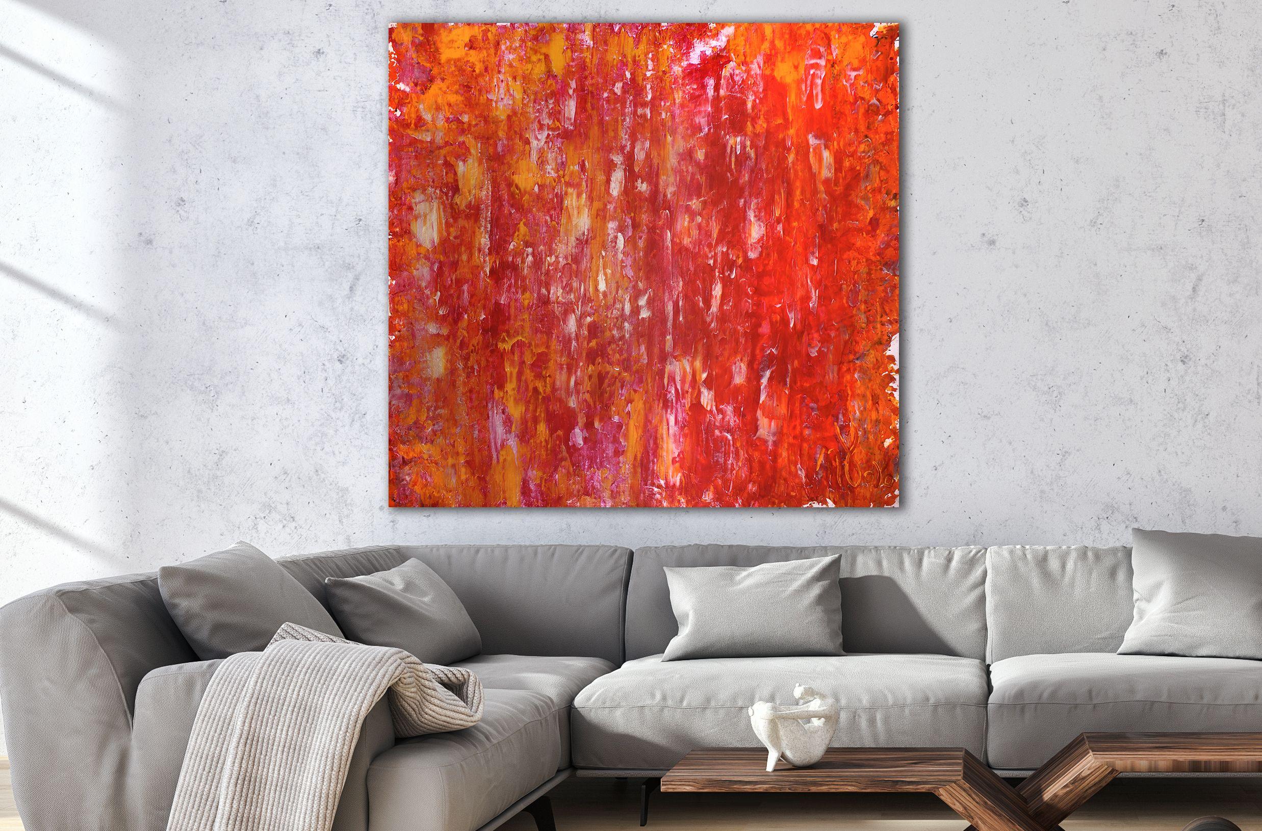 42Vibrant piece with bold color blending, Iridescent paint drips and big palette knife strokes. This painting conveys motion, energy as well as lots of light and fast changes in contrast. Make me think of a cornucopia of pink, yellow and red paint.