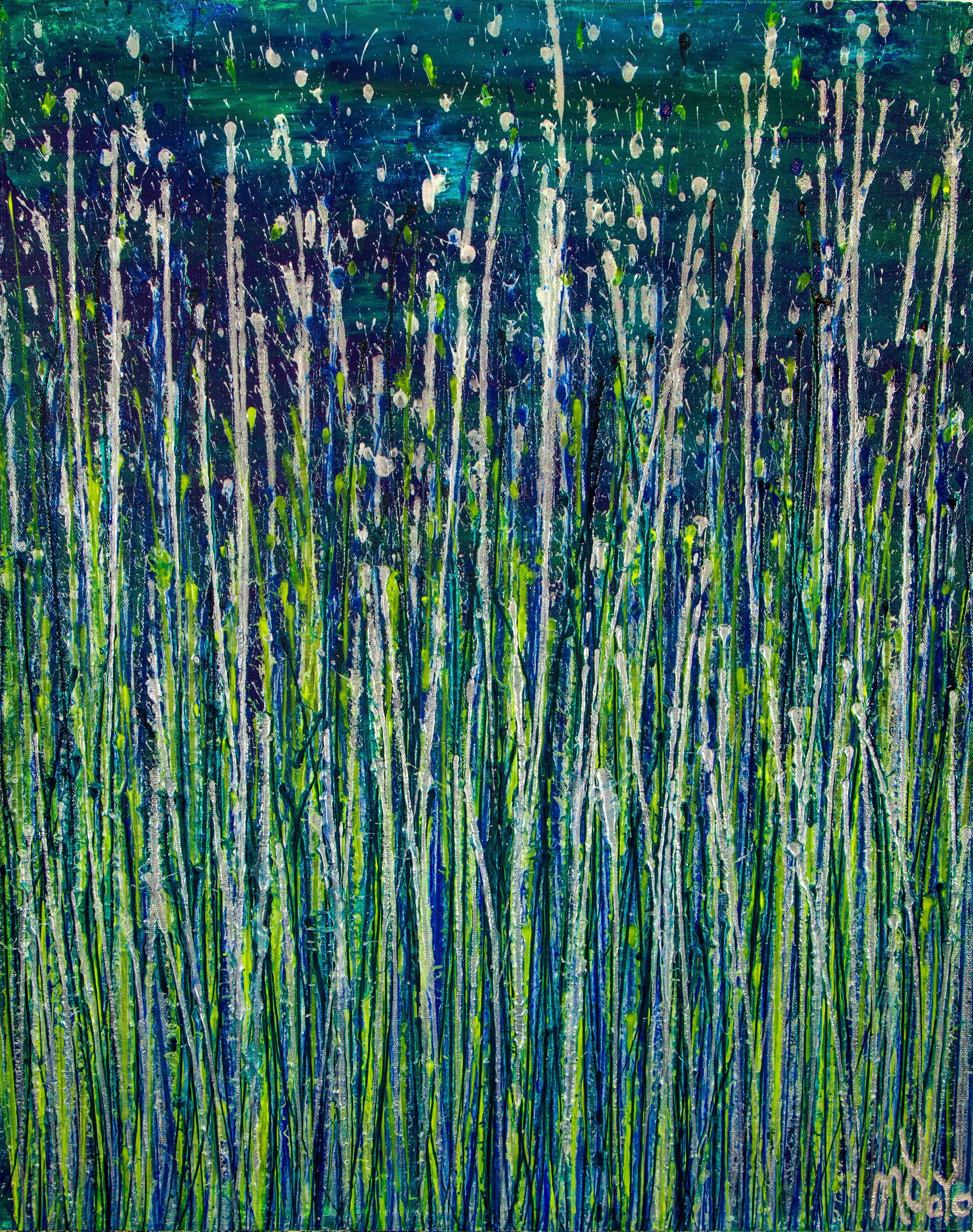 Nestor Toro Abstract Painting - Evergreen Garden (Silver lights), Painting, Acrylic on Canvas