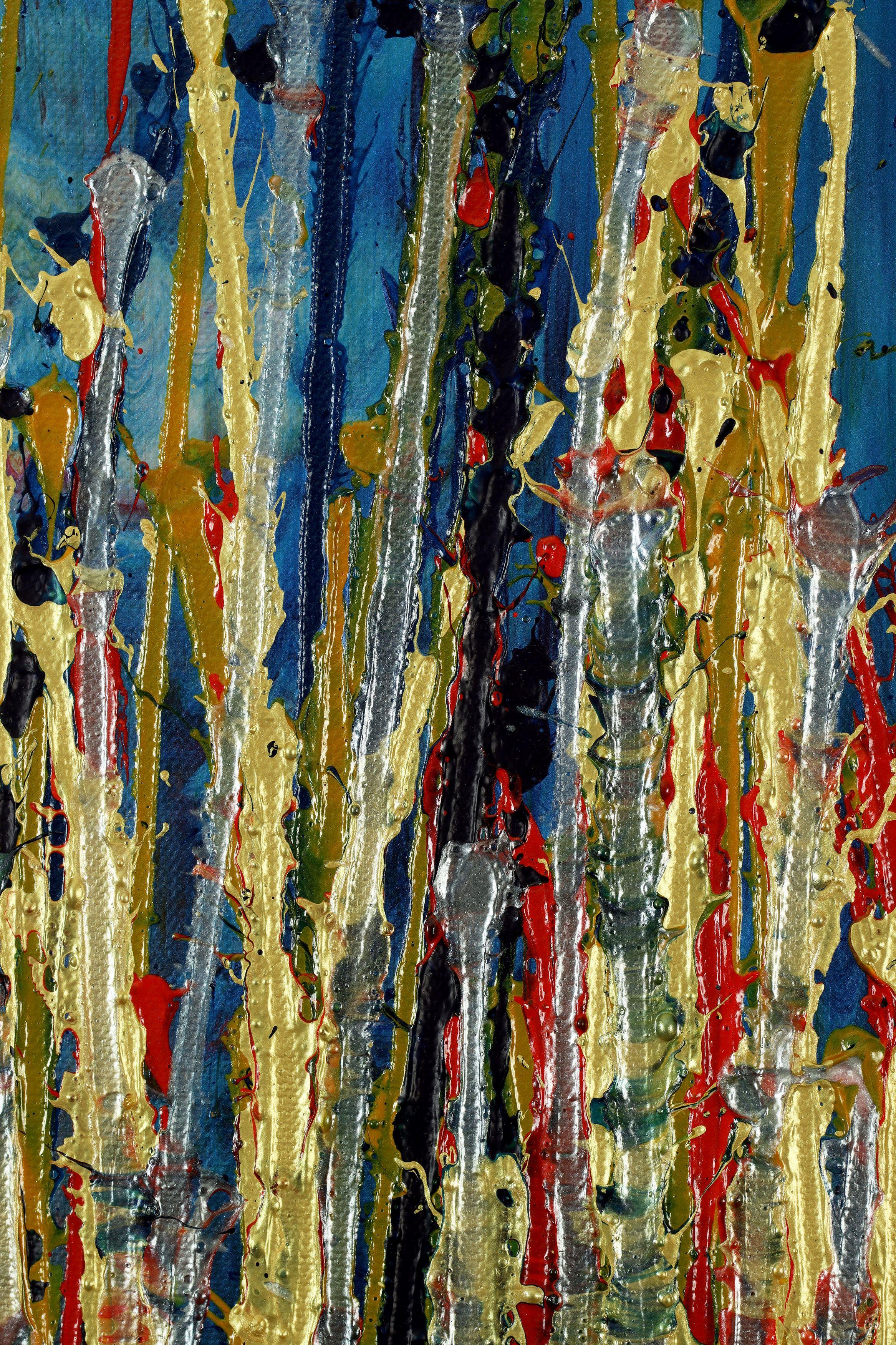 Expressive modern abstract, bold full of life, gloss and shimmer! inspired by nature. Shades of iridescent gold, blue, clear iridescent silver, dark orange details over dark indigo background. signed in front with gold ink.    I include a