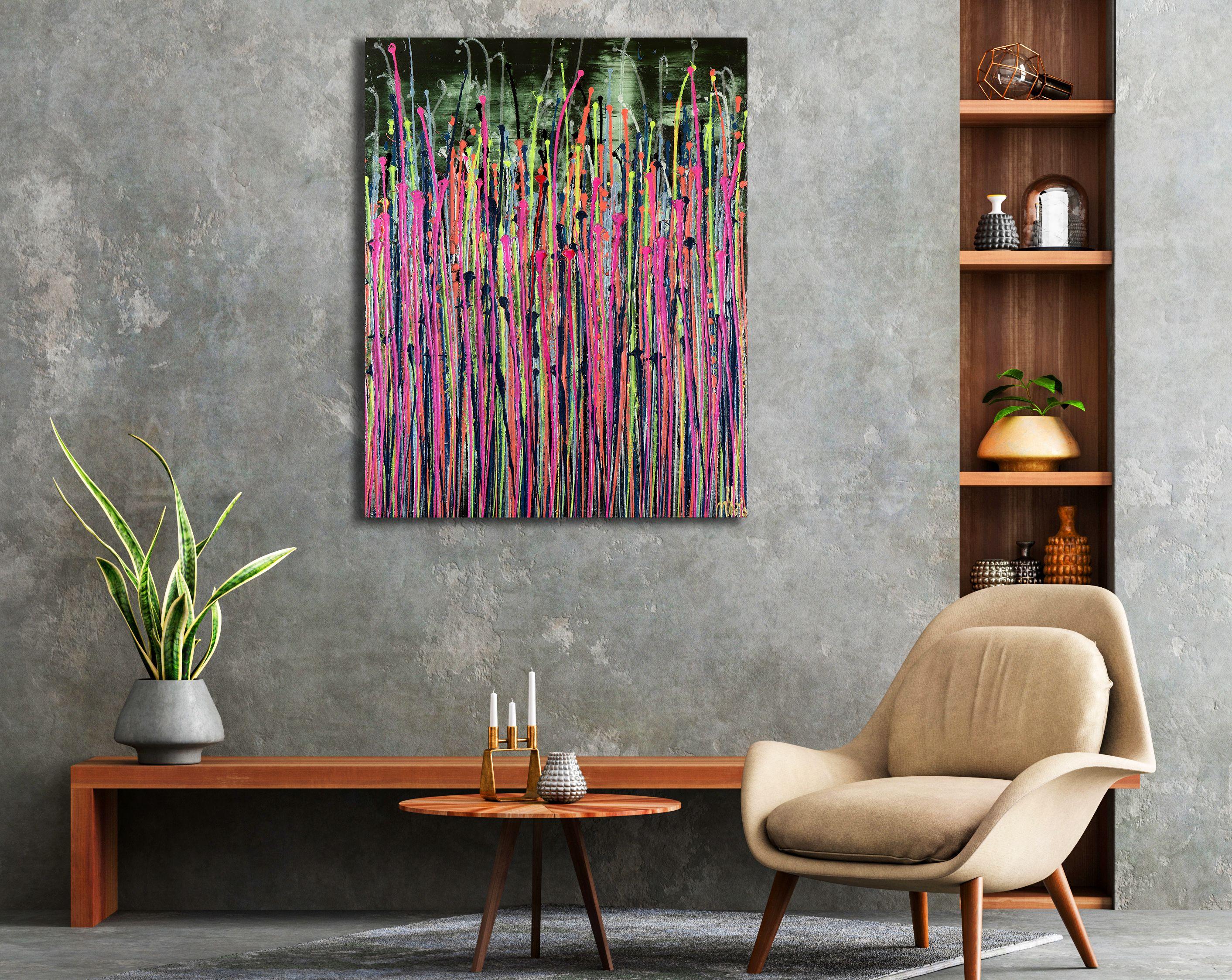Expressive modern abstract, bold full of life, gloss and shimmer! inspired by nature. Shades of iridescent green, blue, yellow, pink, orange details over black and iridescent green background. signed in front with gold ink.    I include a