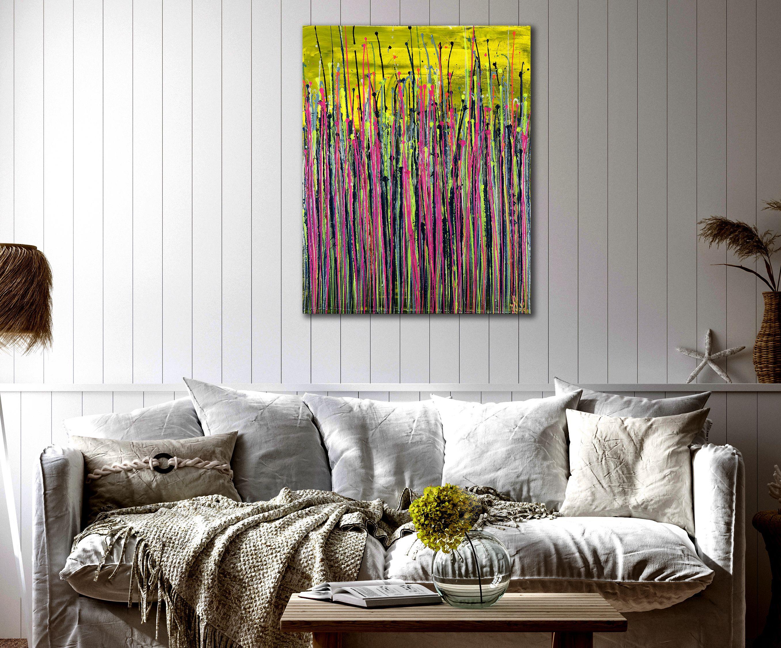 Expressive modern abstract, bold full of life, gloss and shimmer! inspired by nature. Shades of iridescent silver, indigo, yellow, pink, over yellow background. signed in front with gold ink.    I include a certificate of authenticity that lists the