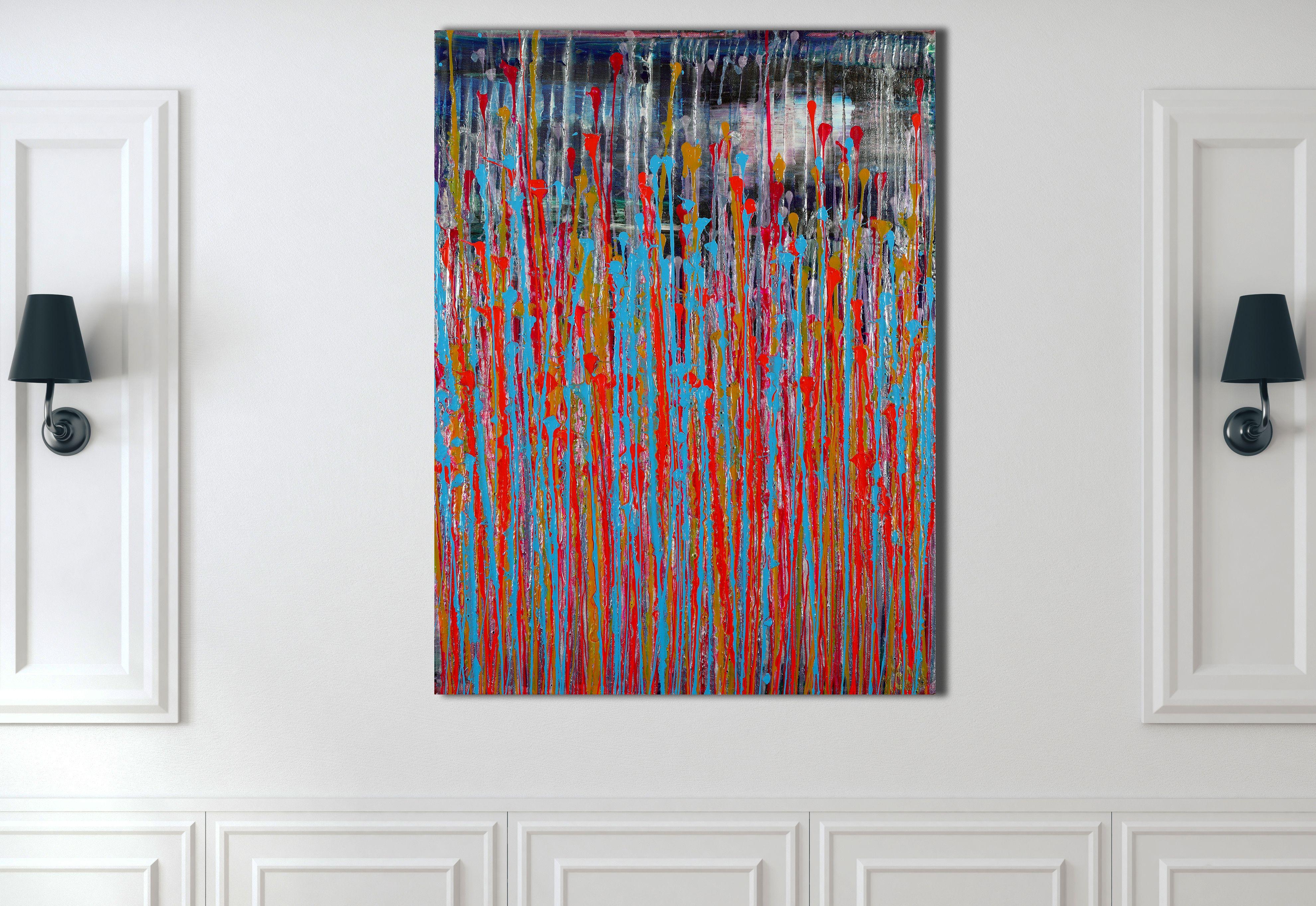 Expressive modern abstract, bold full of life, gloss and shimmer! inspired by nature. Shades of teal, Indian yellow, red, over iridescent silver and indigo background. signed in front with gold ink.    I include a certificate of authenticity that