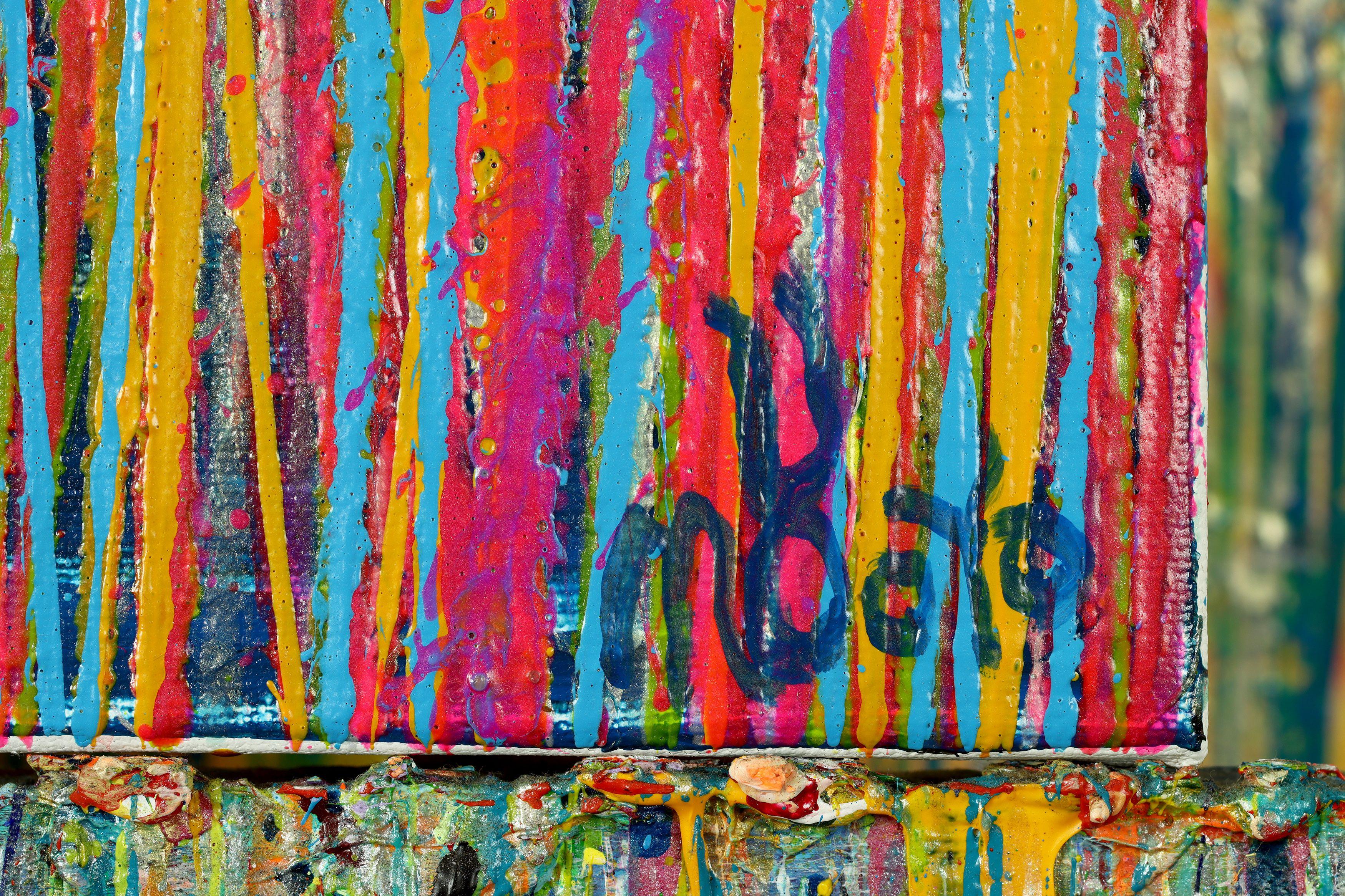Expresivo abstracto moderno, audaz lleno de vida, brillo y resplandor! inspirado en la naturaleza. Tonos de verde iridiscente, rojo, rosa, naranja pálido y algo de morado sobre fondo azul. firmado delante.    Incluyo un certificado de autenticidad