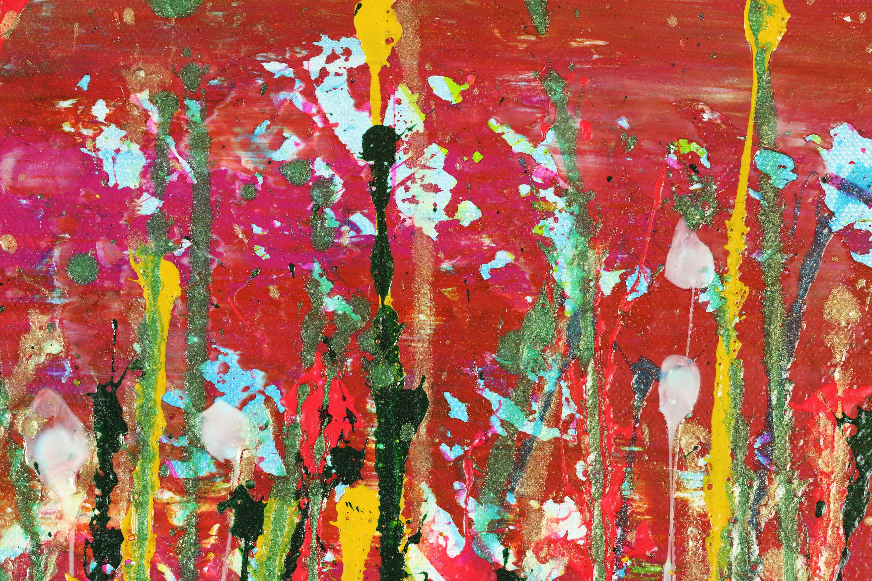 Expresivo abstracto moderno, audaz lleno de vida, brillo y resplandor! inspirado en la naturaleza. Tonos de verde iridiscente, rojo, rosa, amarillo pálido sobre fondo rosa. firmado delante.    Incluyo un certificado de autenticidad que enumera los