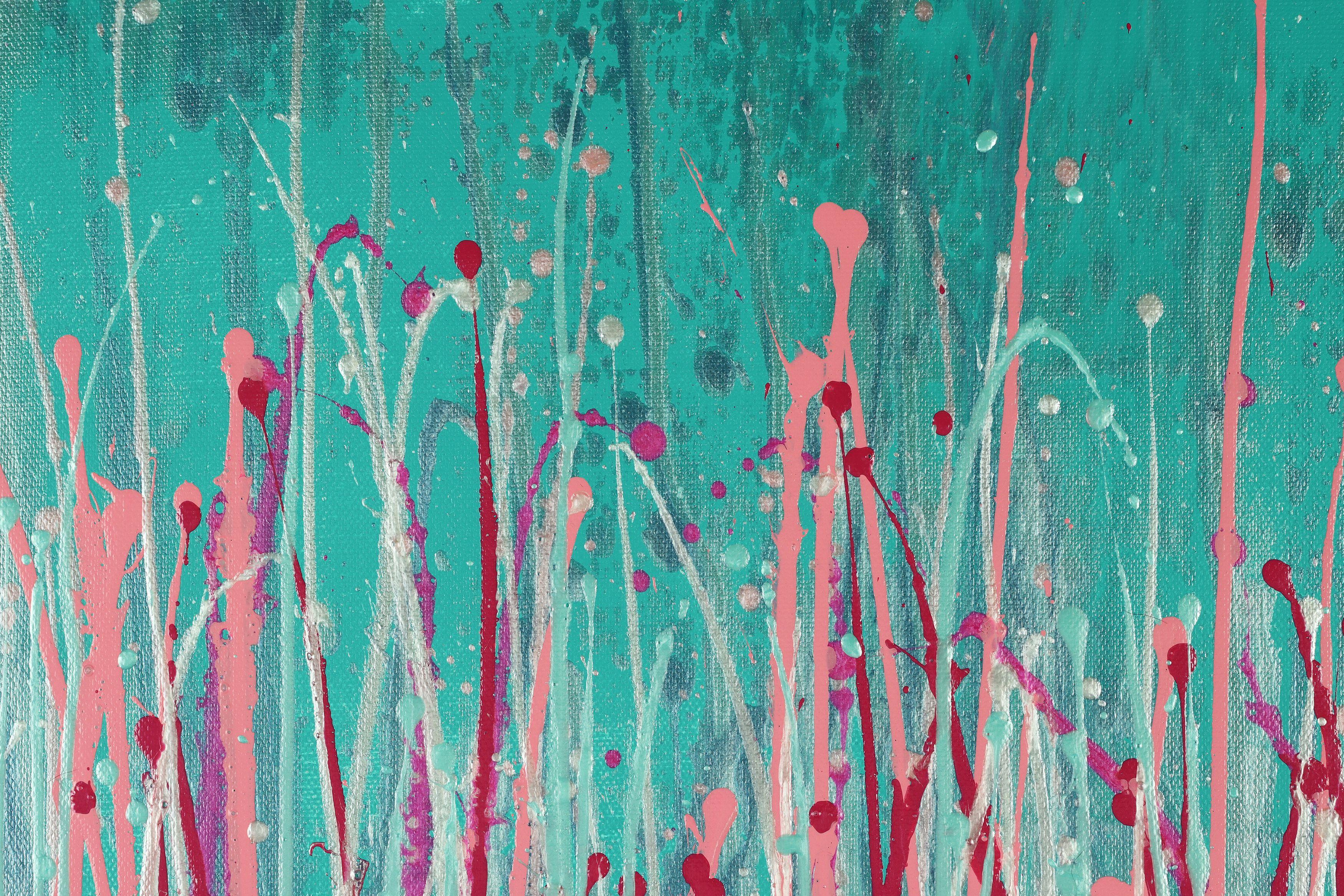 Expresivo abstracto moderno, audaz lleno de vida, brillo y resplandor! inspirado en la naturaleza. Tonos de plata iridiscente, azul claro y tonos de rosa, sobre fondo verde azulado claro iridiscente. firmado delante.    Incluyo un certificado de