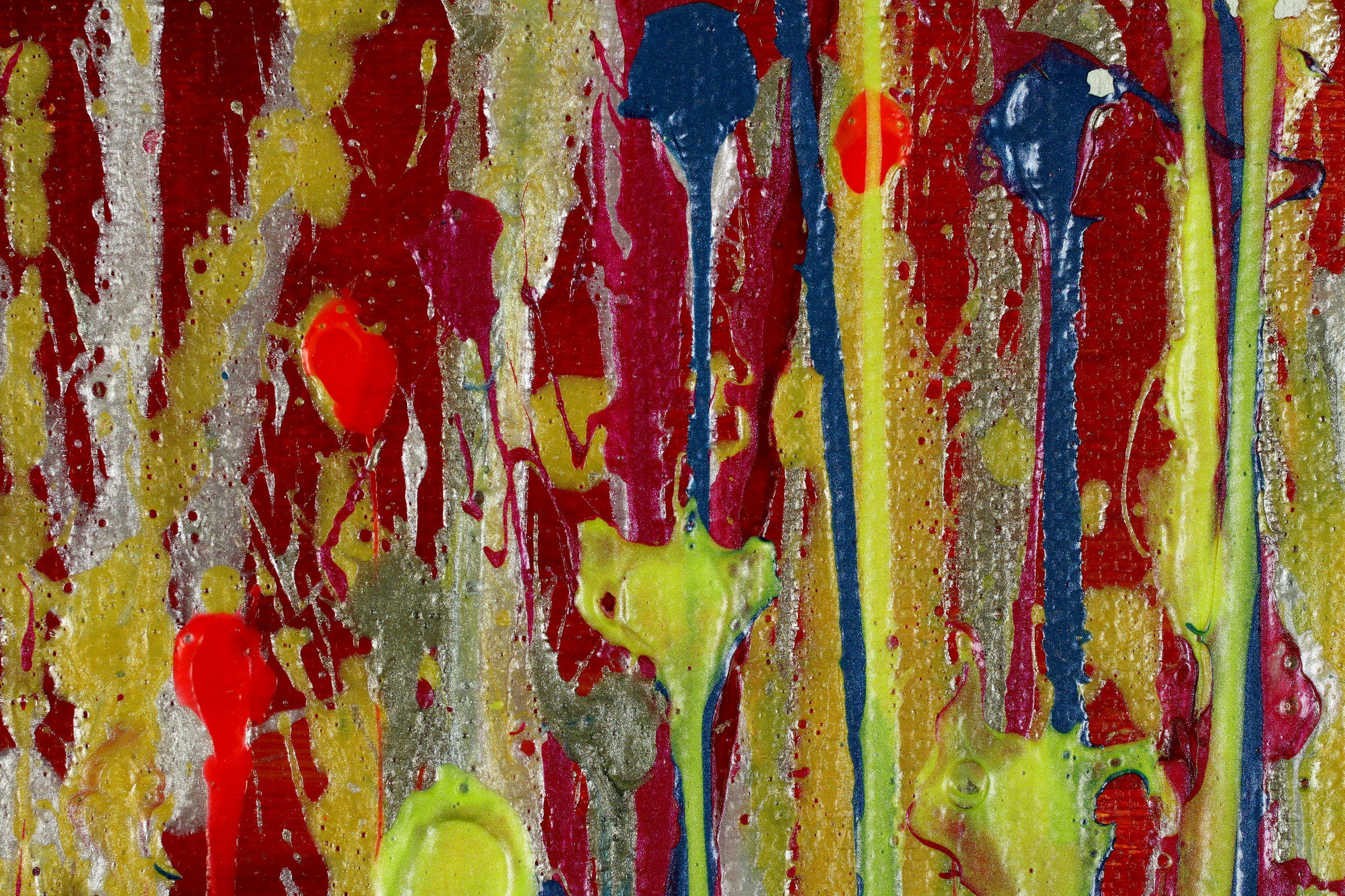 Expresivo abstracto moderno, audaz lleno de vida, brillo y resplandor! inspirado en la naturaleza. Tonos verde, rojo, azul cobalto, amarillo pálido, oro, plata, algo de naranja sobre fondo carmín. firmado delante.    Incluyo un certificado de