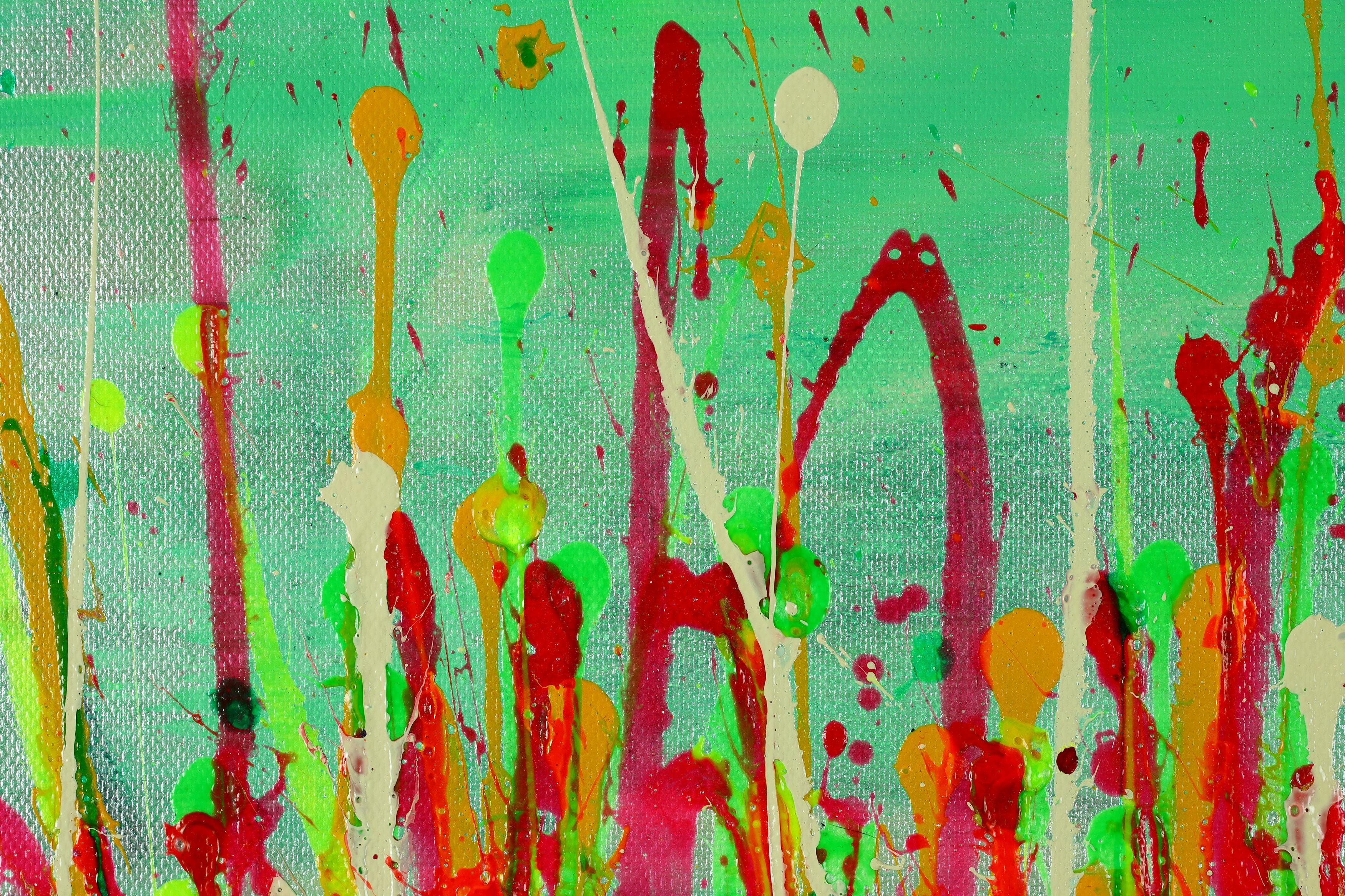Expresivo abstracto moderno, audaz lleno de vida, brillo y resplandor! inspirado en la naturaleza. Tonos verde, rojo, beige, naranja sobre fondo menta. Firmado delante.    Incluyo un certificado de autenticidad que enumera los materiales, así como