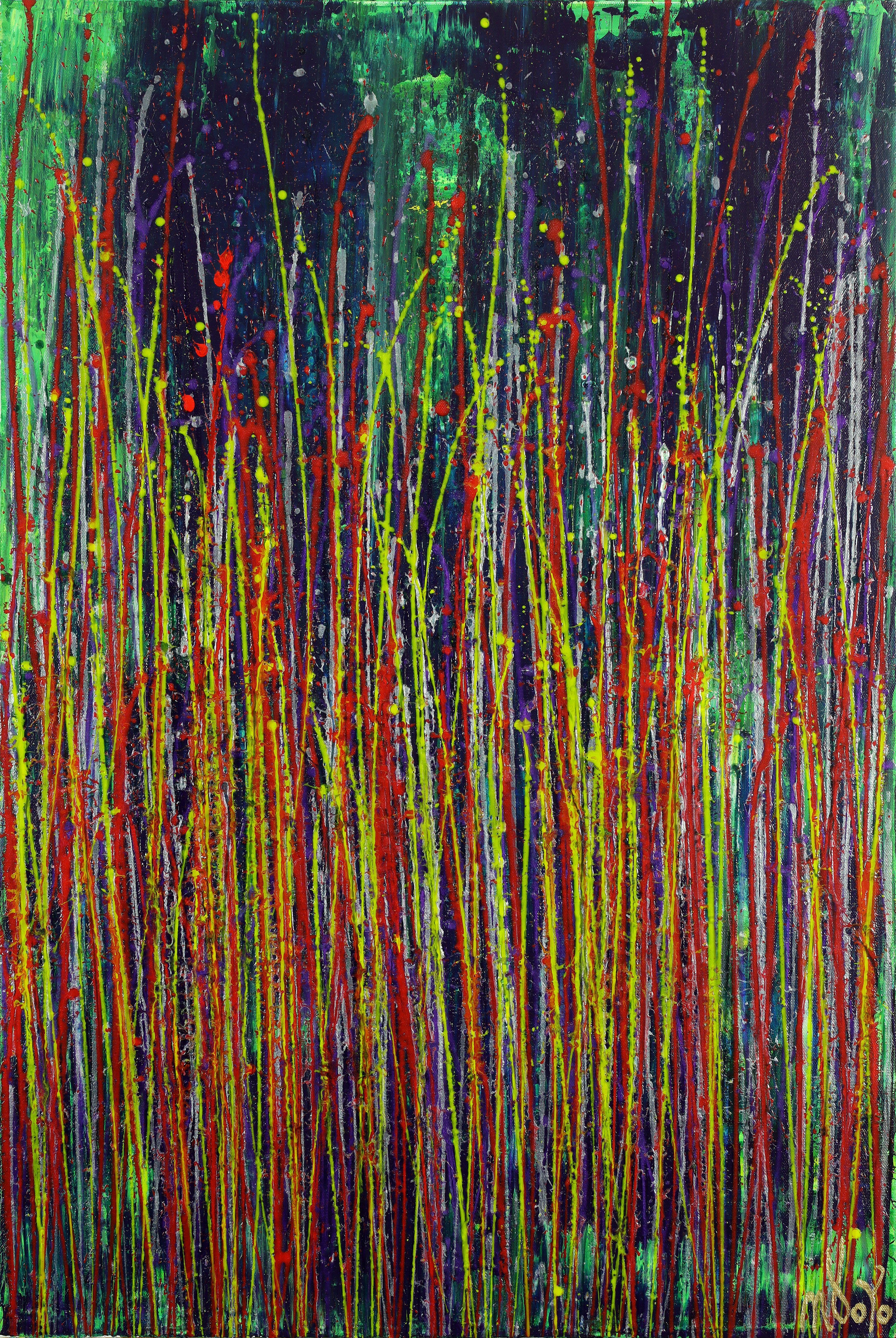 This action painting is from an ongoing series called "Faces of Nature" which are works inspired by nature and for this work - the Northern Lights. The owner of this work will enjoy it right out of the box as it arrives Ready to Hang! It is done in