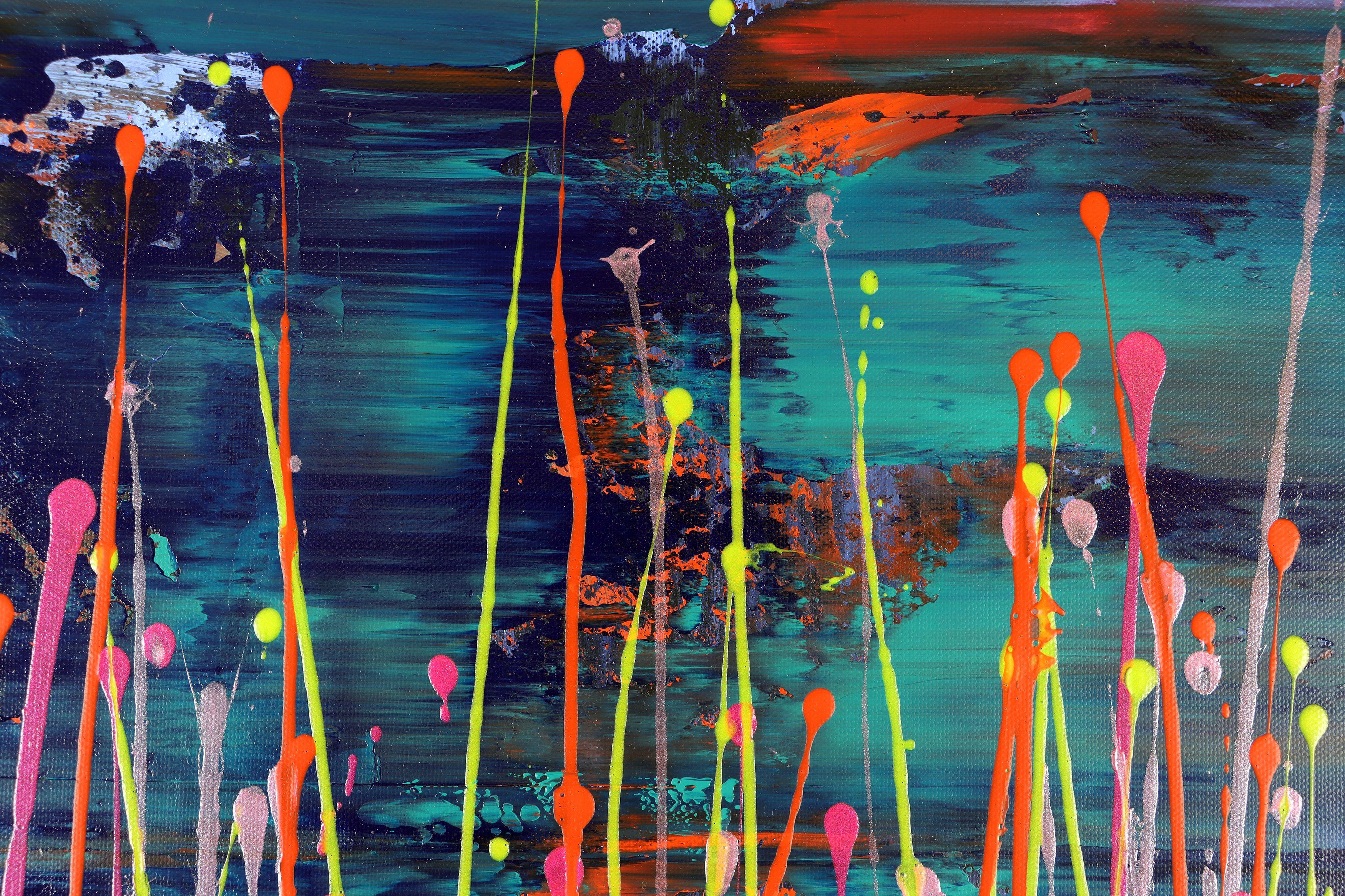 Modernes abstraktes Gemälde mit vielen dynamischen Nieseln in Rosa, Gelb, Orange über leuchtendem Blaugrün. Vorne signiert.    Ich lege ein Echtheitszertifikat bei, in dem die Materialien sowie das Datum der Fertigstellung des Gemäldes aufgeführt