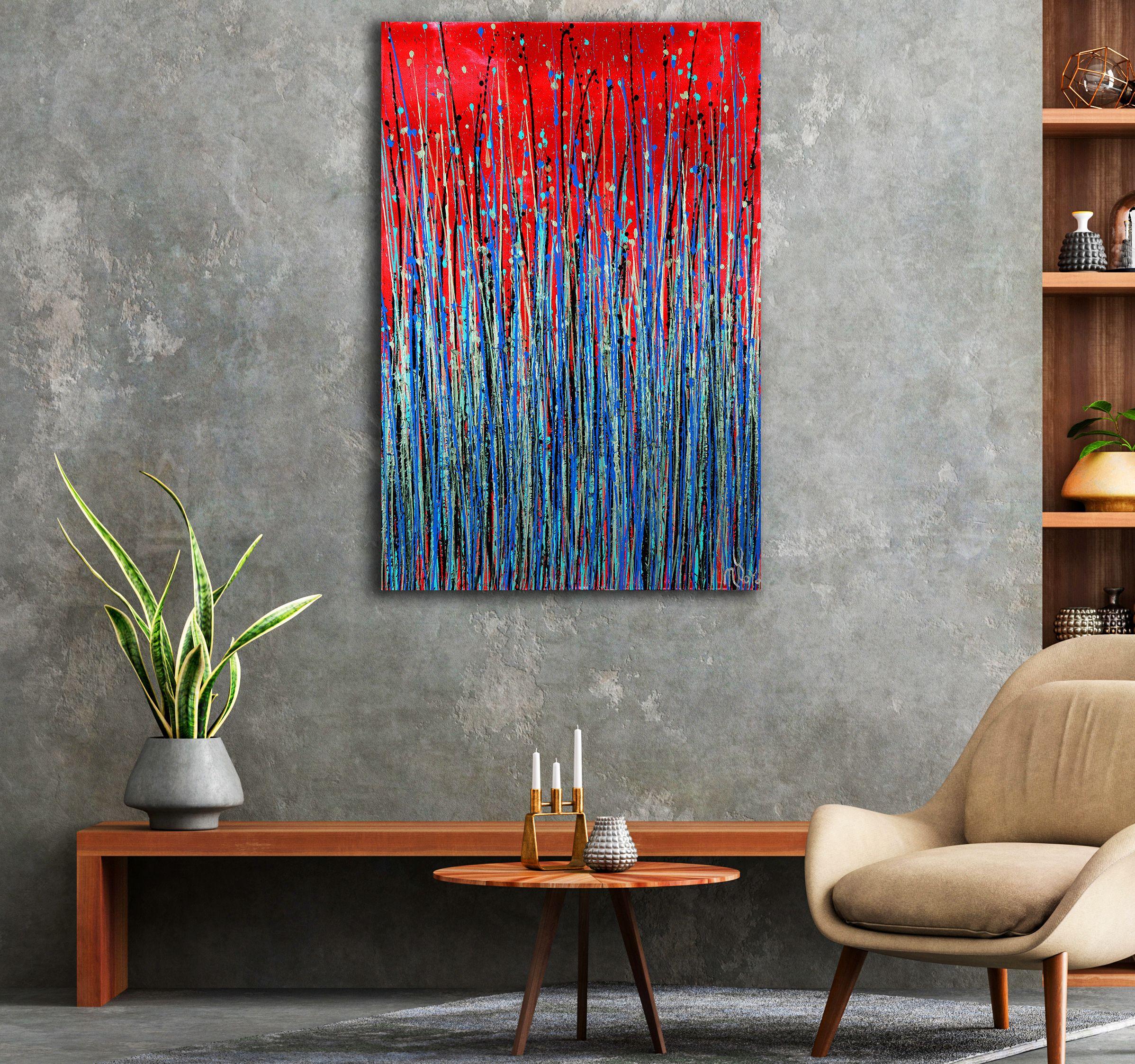 Expressive modern abstract, bold full of life, gloss and shimmer! inspired by nature. Shades of iridescent green, blue, indigo, silver, green over red background. signed in front.    I include a certificate of authenticity that lists the materials