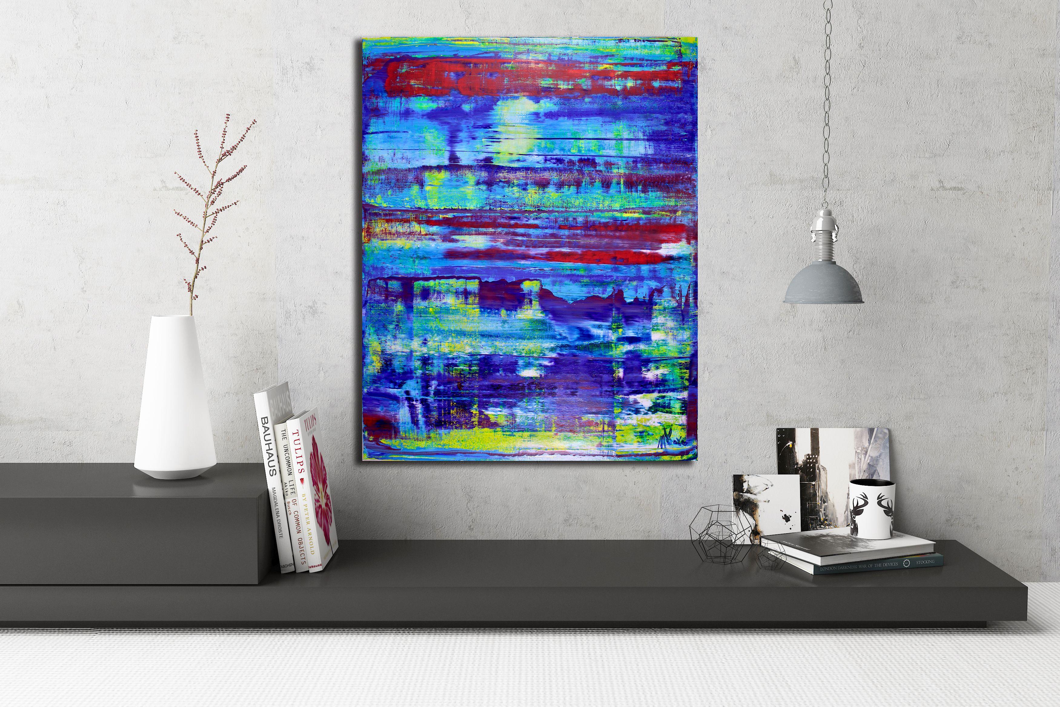 Paesaggio astratto in acrilico con colori blu, verde e arancione, pittura di campo a contrasto espressivo. Texture e stratificazione con acrilici fluidi e traslucidi e medium iridescenti.    ASTRATTI ORIGINALI DI PREGIO - UNICI NEL LORO GENERE! 