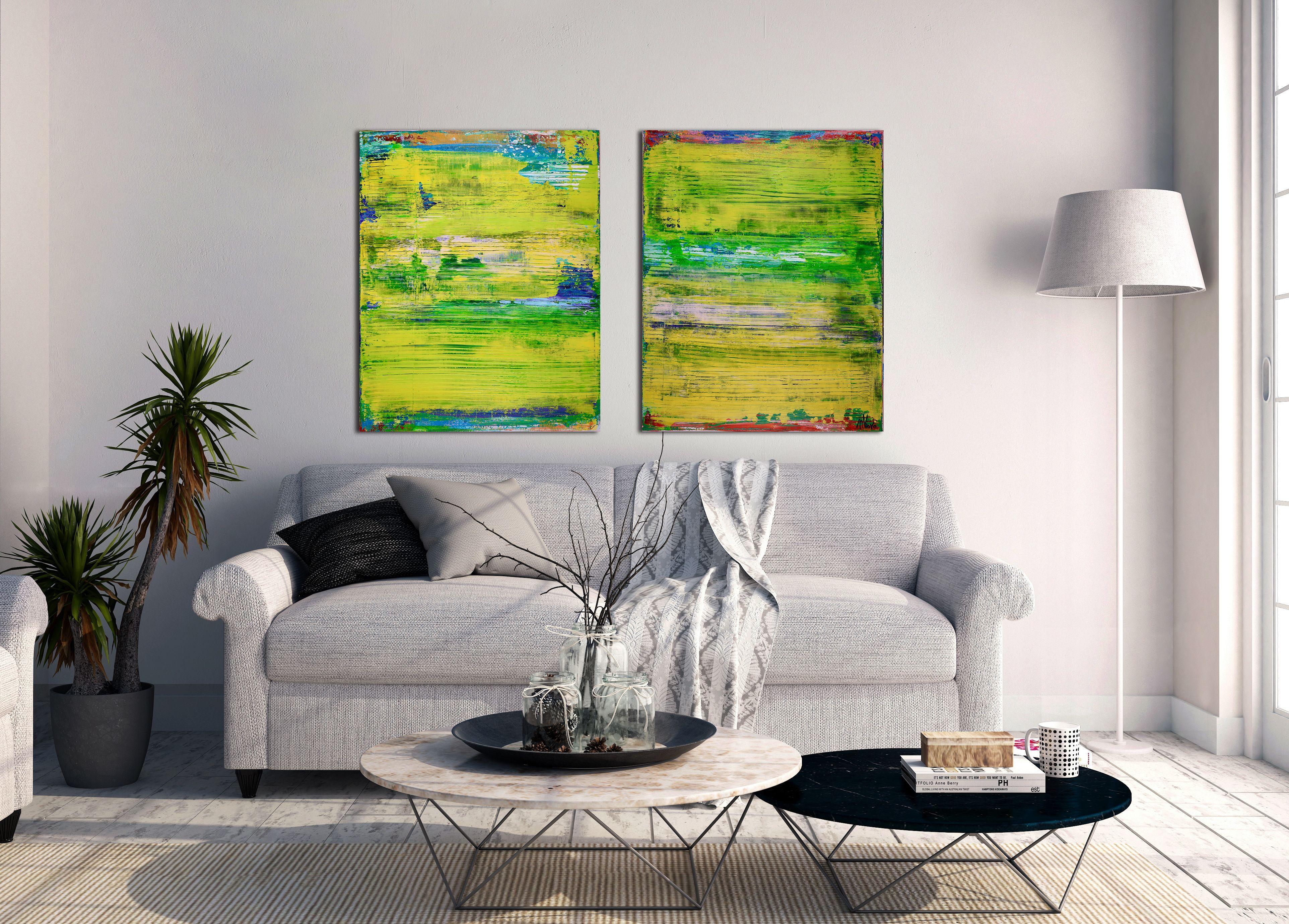 Prêt à être accroché - Diptyque    Peinture acrylique abstraite texturée avec de beaux détails, un fond jaune vert brillant et un contraste jaune, vert et rouge vibrant. Pour cette pièce, j'utilise principalement des couteaux à palette.    Cette