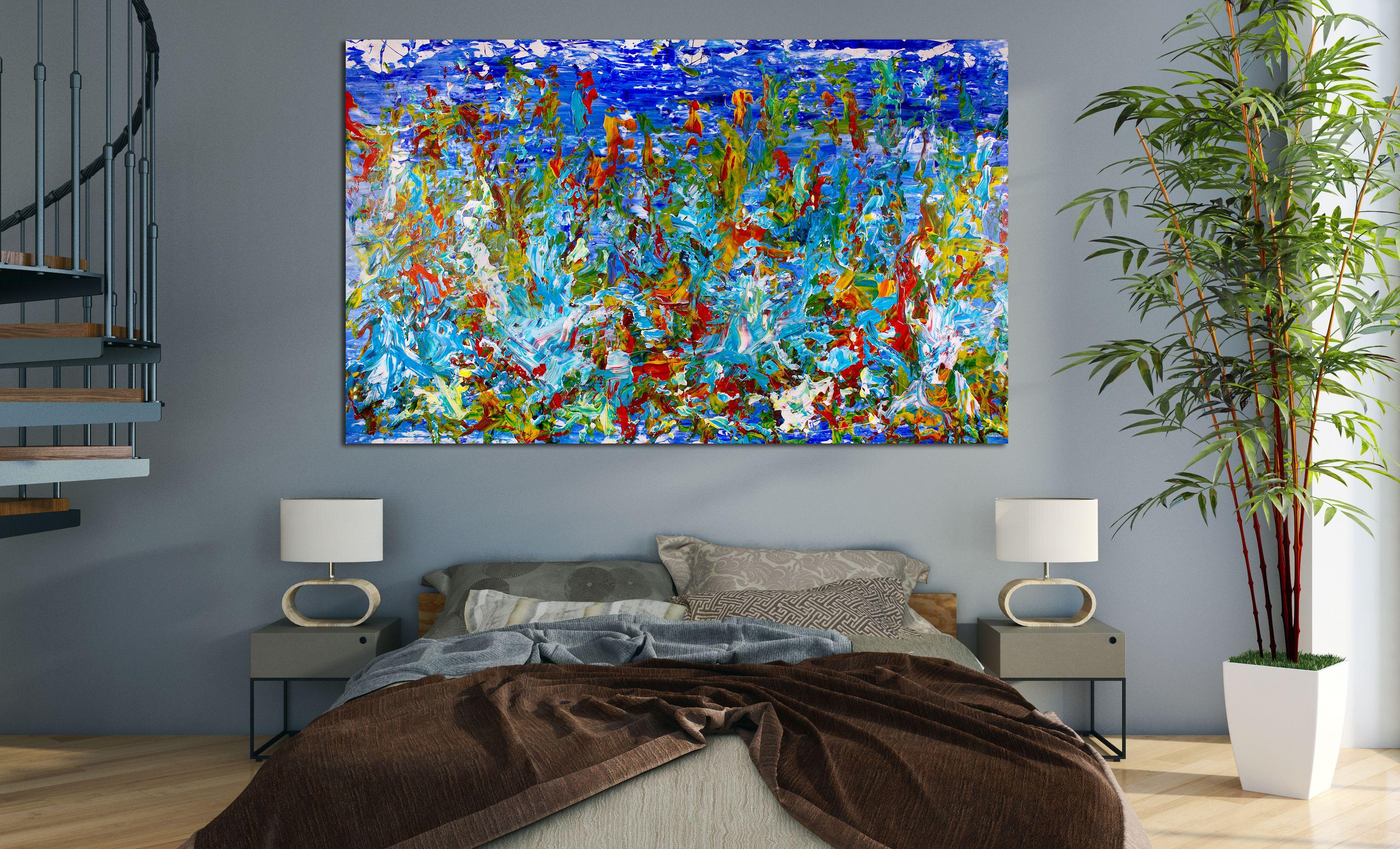 Bold, contrasting and motion packed abstract expressionistic painting. Mainly blue with yellow, red and white. Large canvas Signed!    This work was created on a high quality loose canvas and is shipped rolled in a tube. Simply take it to your local