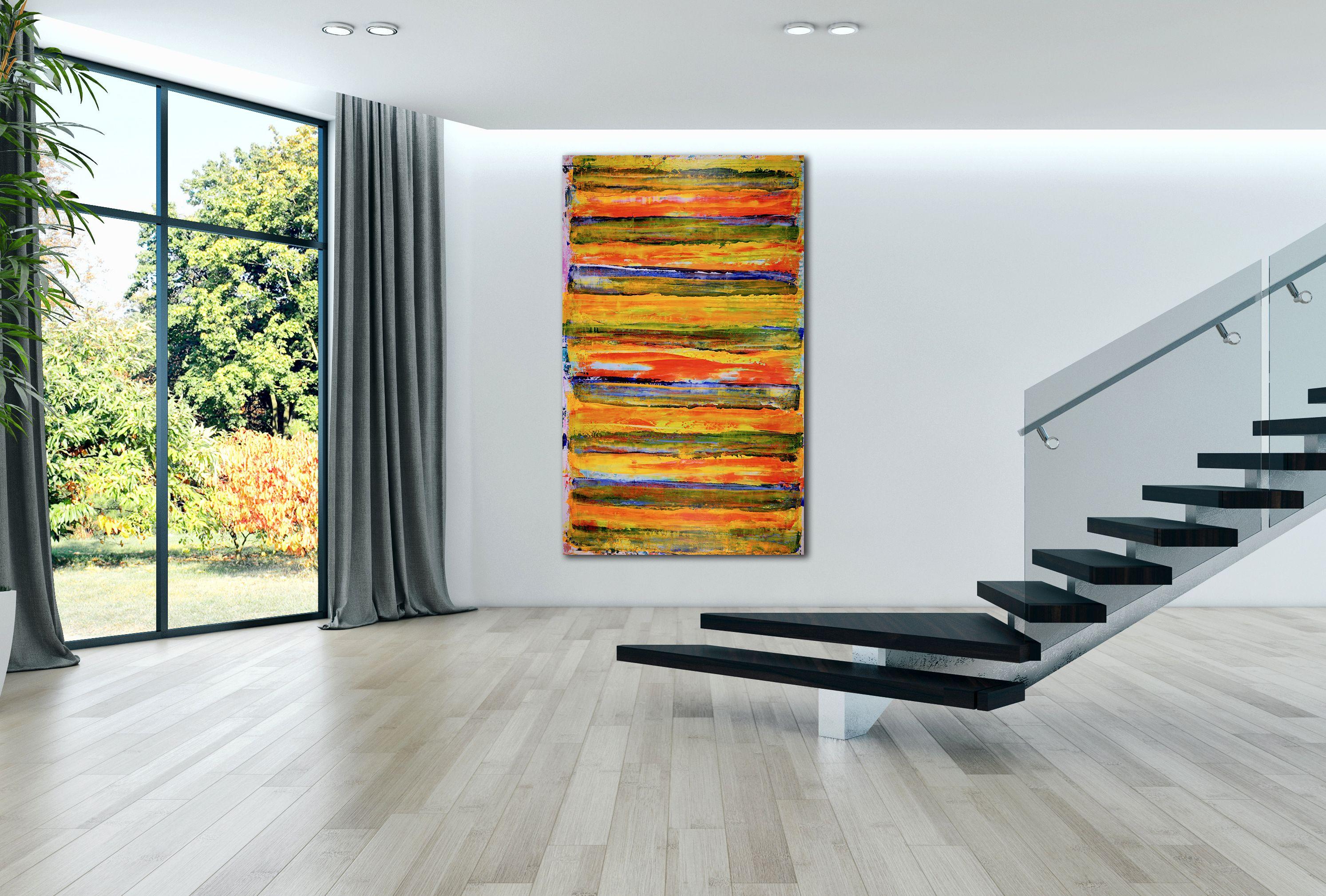 Pittura acrilica di grandi dimensioni con tavolozza vibrante e colori contrastanti. Texture e stratificazione con acrilici fluidi e traslucidi e medium iridescenti.    Questa tela oversize unica nel suo genere è un vero e proprio pezzo forte. È