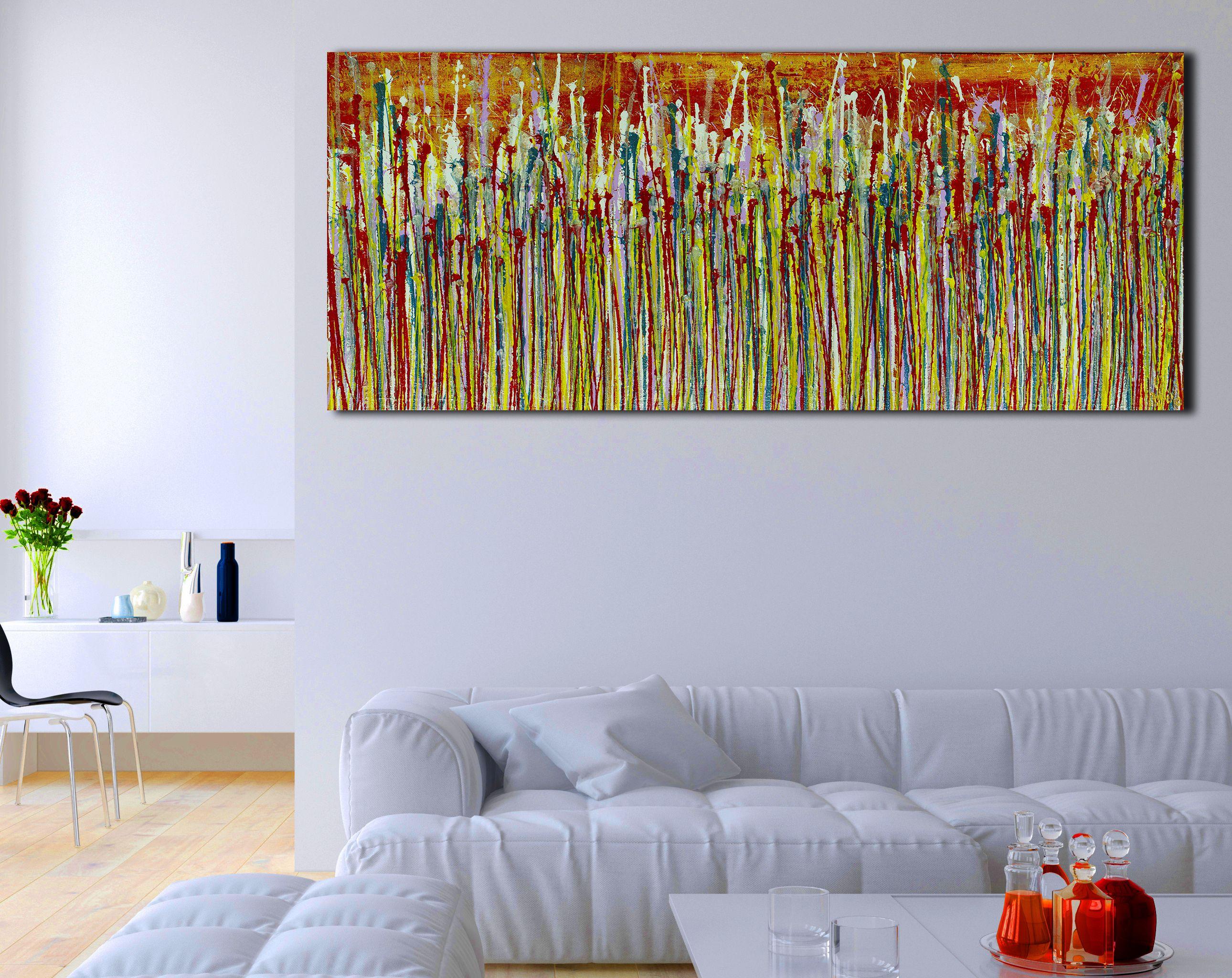 Three canvases16 W x 20 H x 0.7 in each.    Expressive modern abstract, bold full of life, gloss and shimmer! inspired by nature, many colors combined with mica particles. Yellow, gold, blue, magenta, purple and clear paint over red and gold. Ready