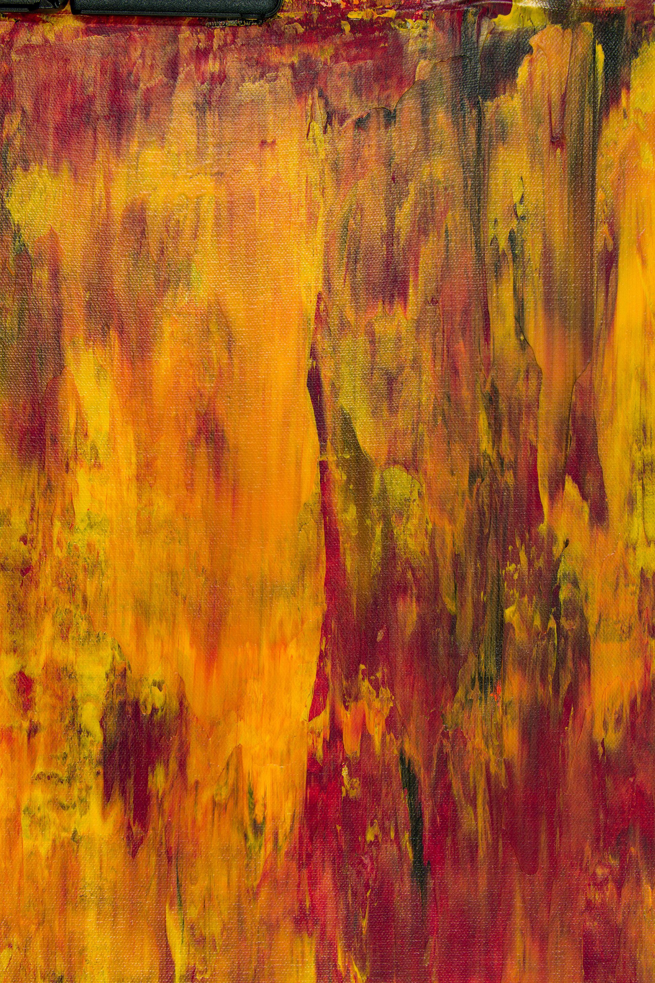 Gemälde: Acryl auf Leinwand.    abstrakte minimalistische Malerei  acryl auf Leinwand    Bei diesem Kunstwerk wurden dünne Schichten aus Orange, Gelb, etwas Rot und Magenta mit schillernden Glimmerpartikeln übereinander gelegt und vermischt, um die