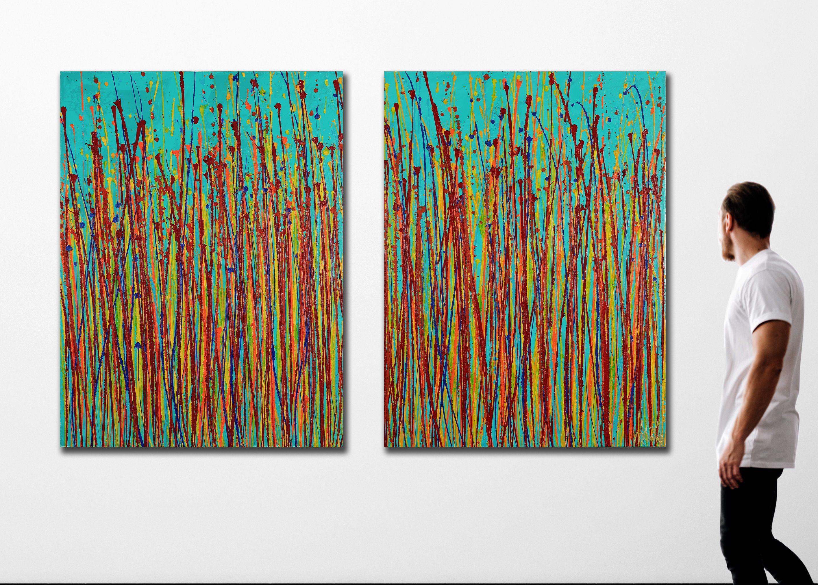 Canción ardiente (sobre cerceta) / Díptico, Pintura, Acrílico sobre lienzo - Abstract Painting Gris de Nestor Toro