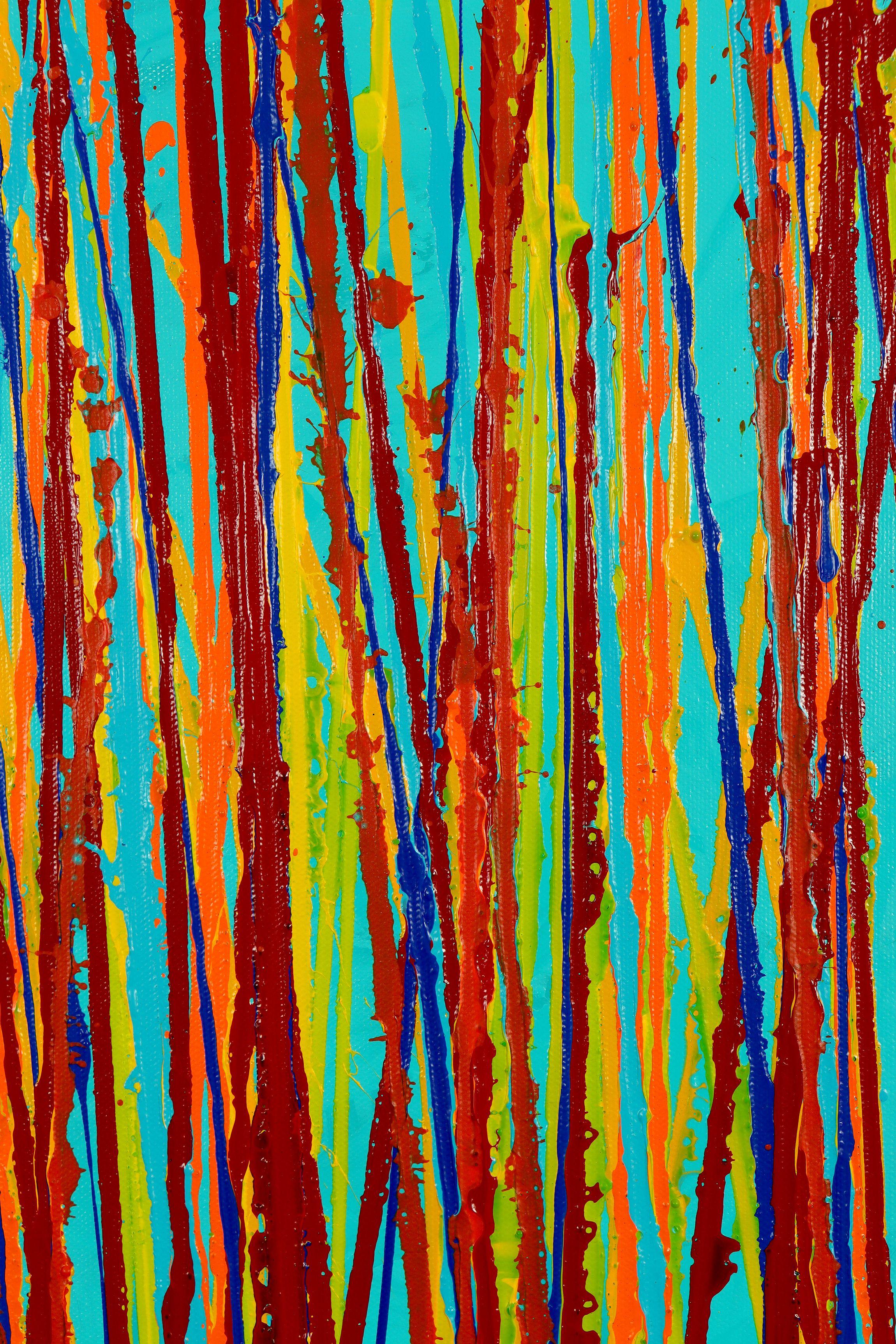 Expresivo abstracto moderno, audaz lleno de vida, brillo y resplandor! inspirado en la naturaleza, muchos de los tonos brillantes combinados con partículas de mica y lloviznas iridiscentes sobre verde cerceta. Listo para colgar y firmado en el
