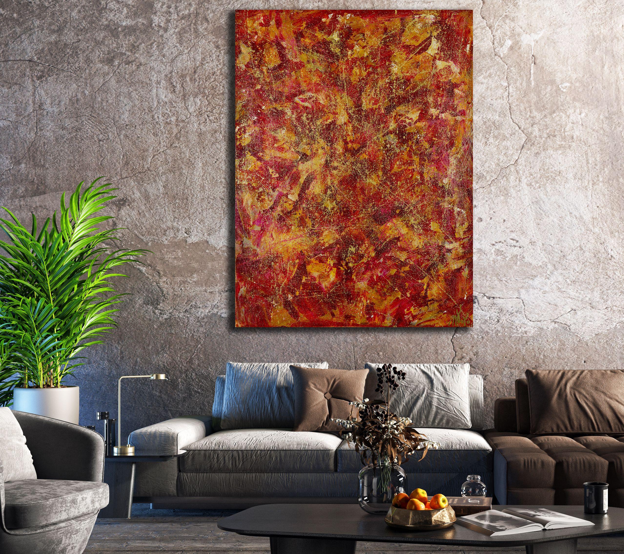 Inspired by nature landscape painting with earthy color blending, contrast and details. Textured with layers of red, orange and gold!    Inspired by colors of nature with subtle greens and intricate details (see close-ups).    This artwork its