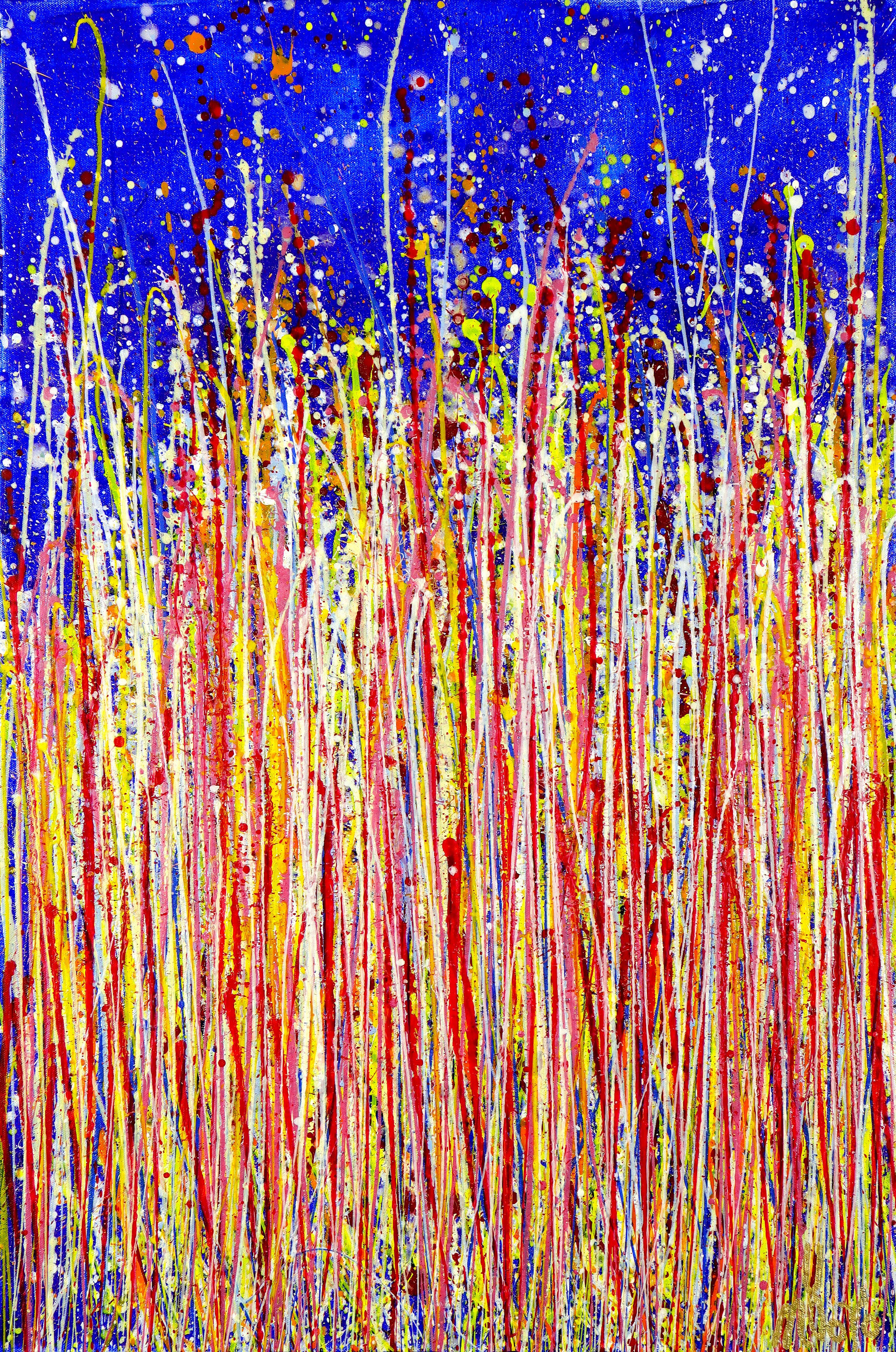 xpressive modern abstract, bold full of life, gloss and shimmer! Inspired by nature. This expressive work is done in Nestorâ€™s unique gestural style in which paint is literally hand tossed onto the canvas with precision resulting in a beautiful,