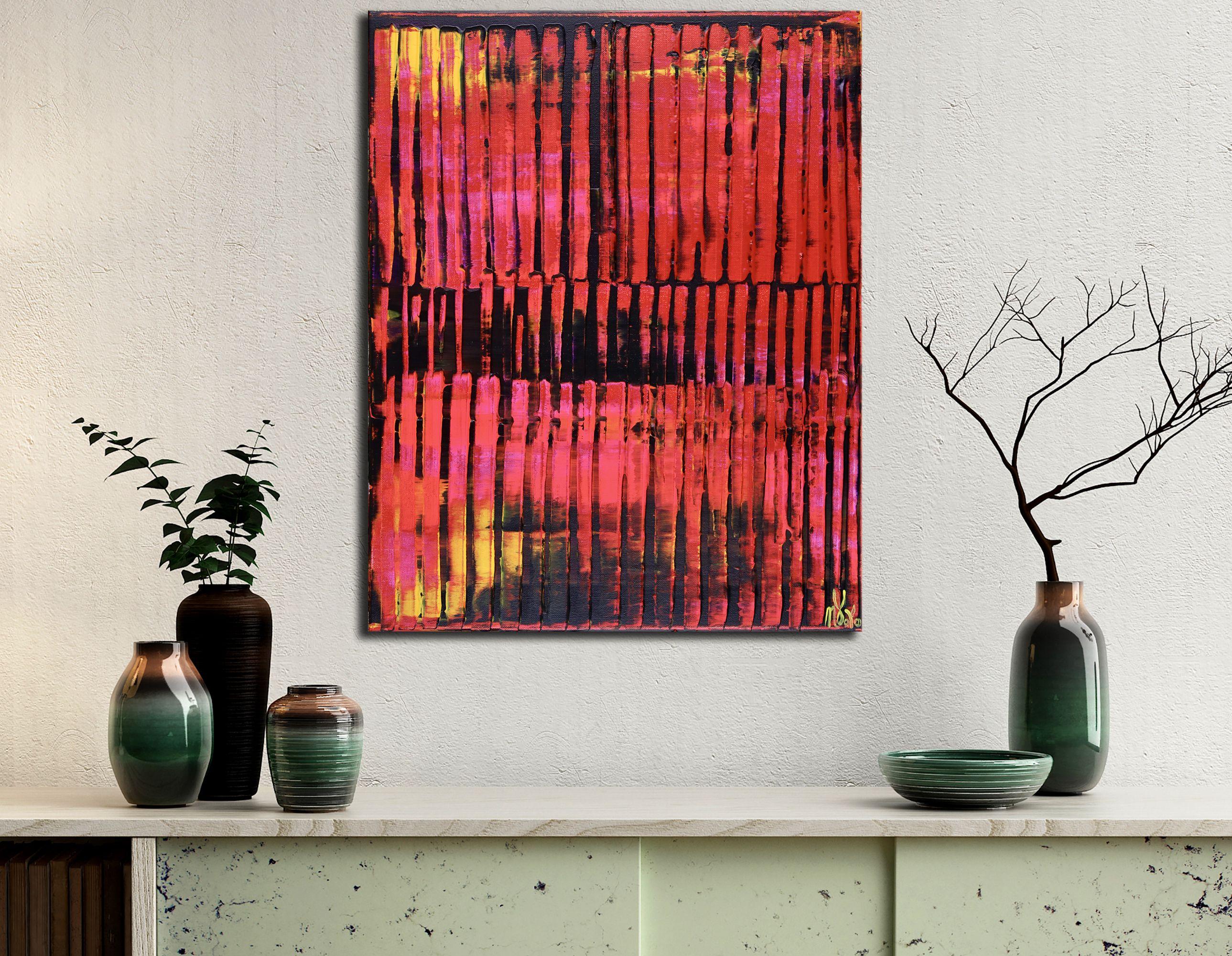 READY TO HANG!    Vibrant color field with vivid colors applied with palette knife. Pink, yellow and iridescent red. Contemplative inspired by nature!  This painting arrives mounted in a wooden frame, sides painted and ready to hang, signed in