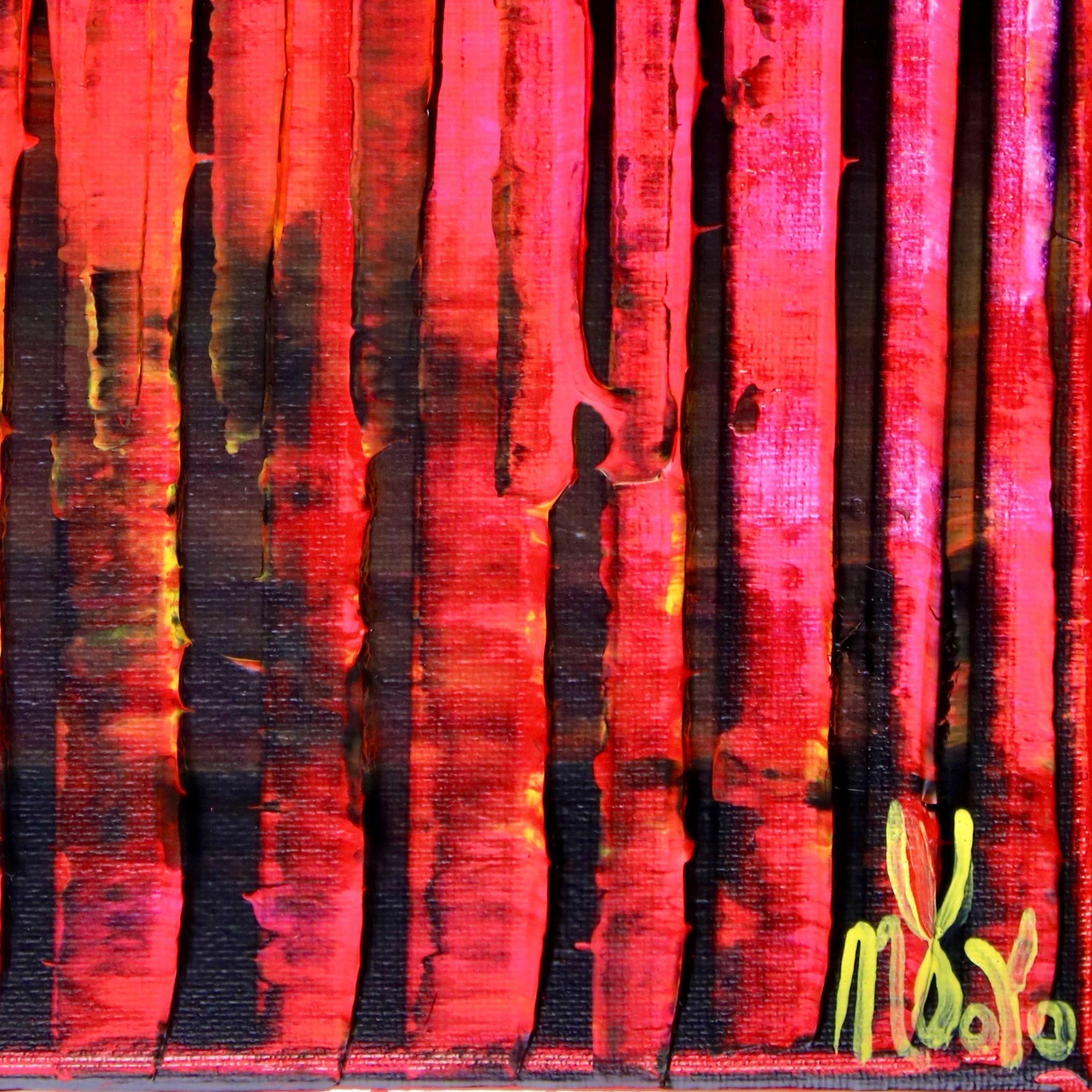BEREIT ZUM AUFHÄNGEN!    Lebendiges Farbfeld mit leuchtenden Farben, die mit dem Spachtel aufgetragen wurden. Rosa, gelb und rot schillernd. Kontemplativ von der Natur inspiriert!  Das Gemälde wird in einem Holzrahmen geliefert, die Seiten sind