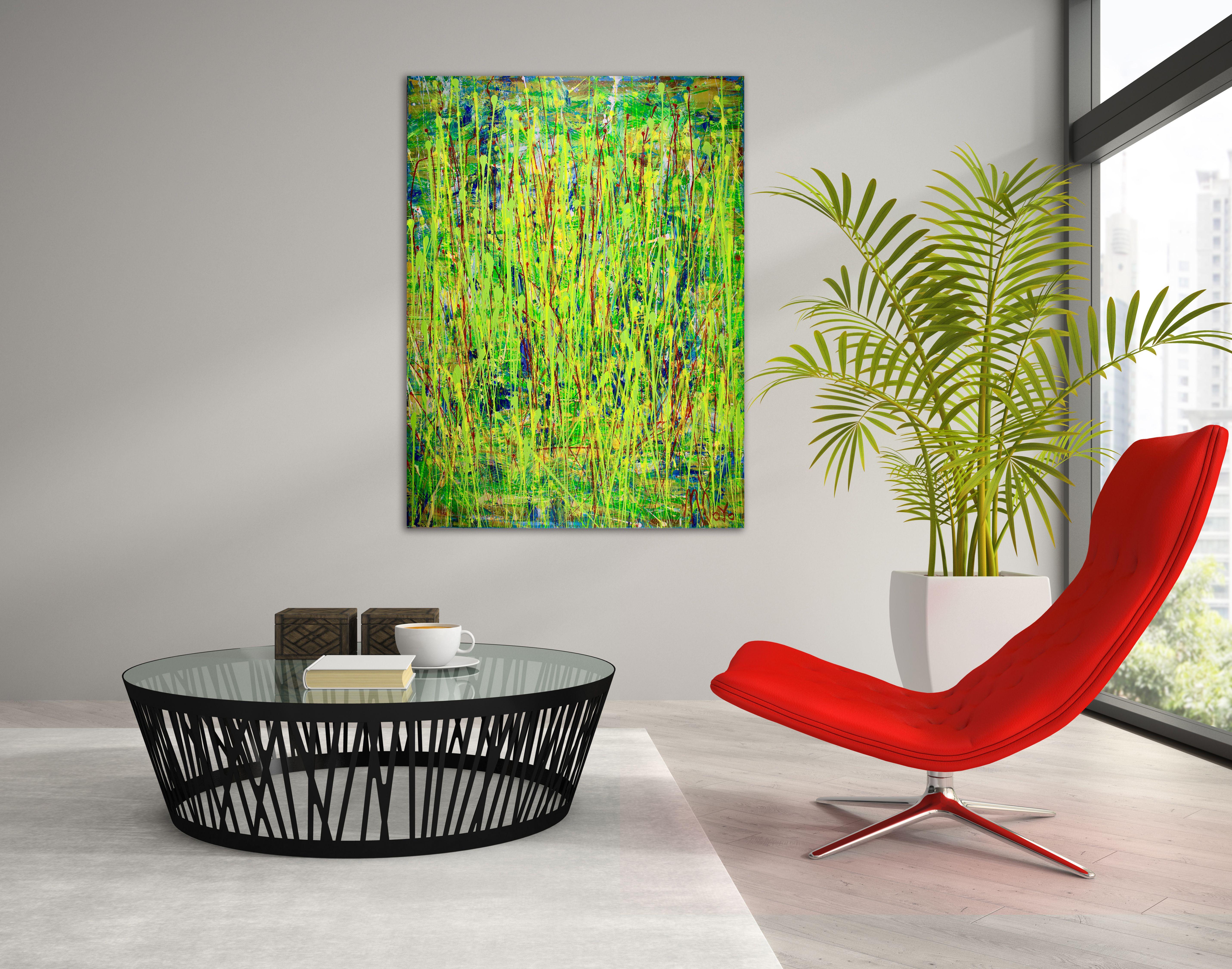Quadro molto strutturato con sfondo verde, giallo, blu e arancione a contrasto. Per quest'opera ho utilizzato principalmente spatole e sgocciolamenti di vernice in grassetto, più e più volte.   :: Pittura :: Astratta :: Questo pezzo viene fornito
