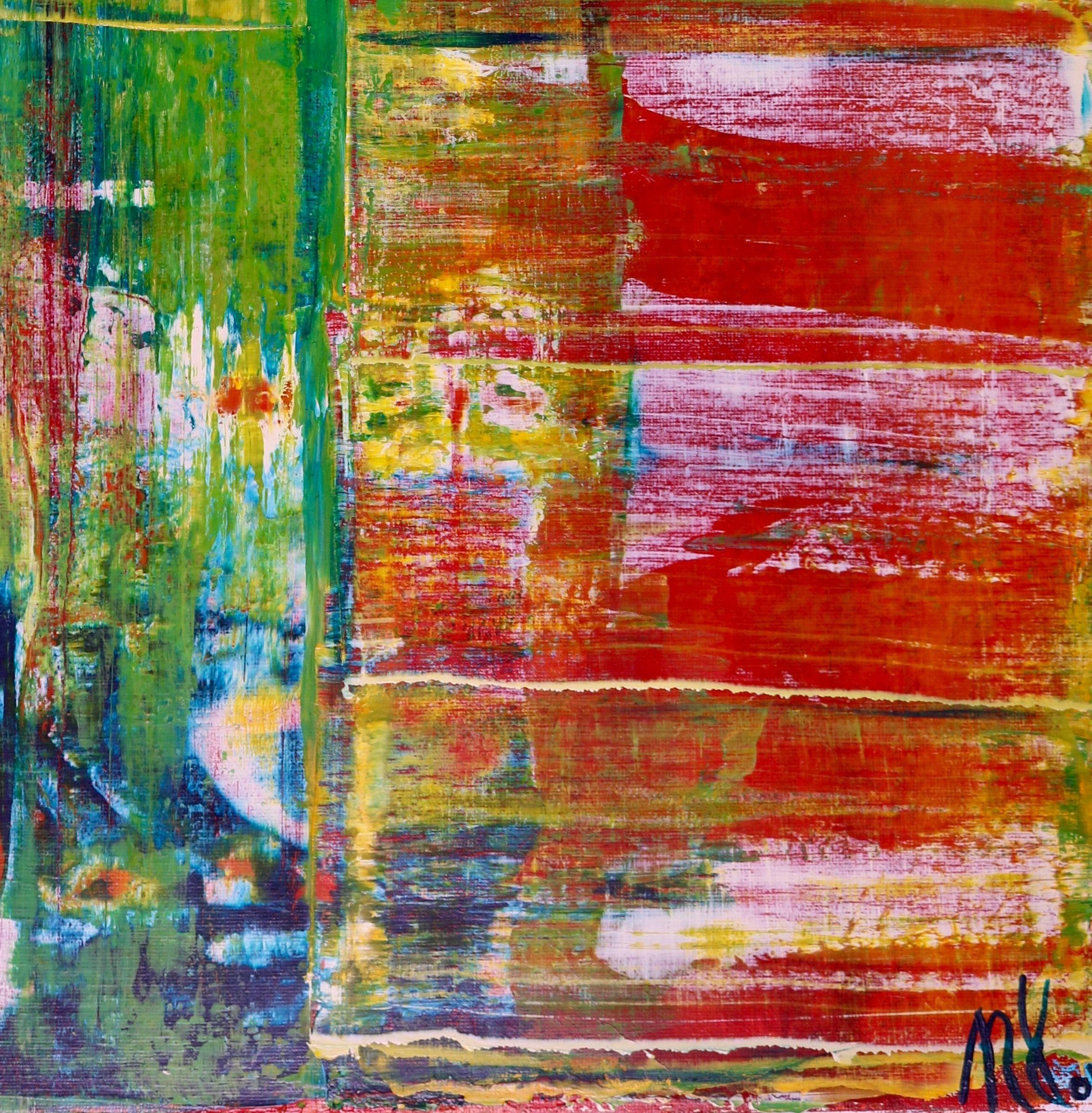 Pittura acrilica astratta di paesaggio dai colori vibranti e dal contrasto espressivo. Texture e stratificazione con acrilici fluidi e traslucidi e medium lucidi.    **Firmato e pronto per essere appeso con un gancio sul retro - Non è necessario