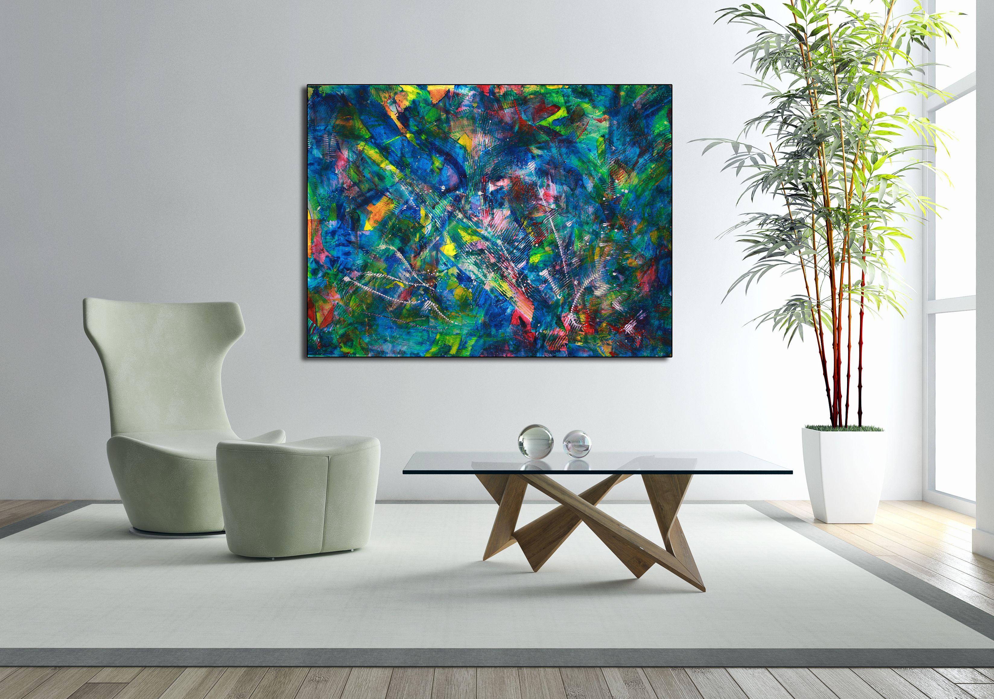 Peinture acrylique abstraite vibrante inspirée de l'arc-en-ciel, avec de beaux détails et une palette de couleurs vives. Texturée, beaucoup de mouvement et de lumière. Contient des effets iridescents et un magnifique mélange de couleurs.        