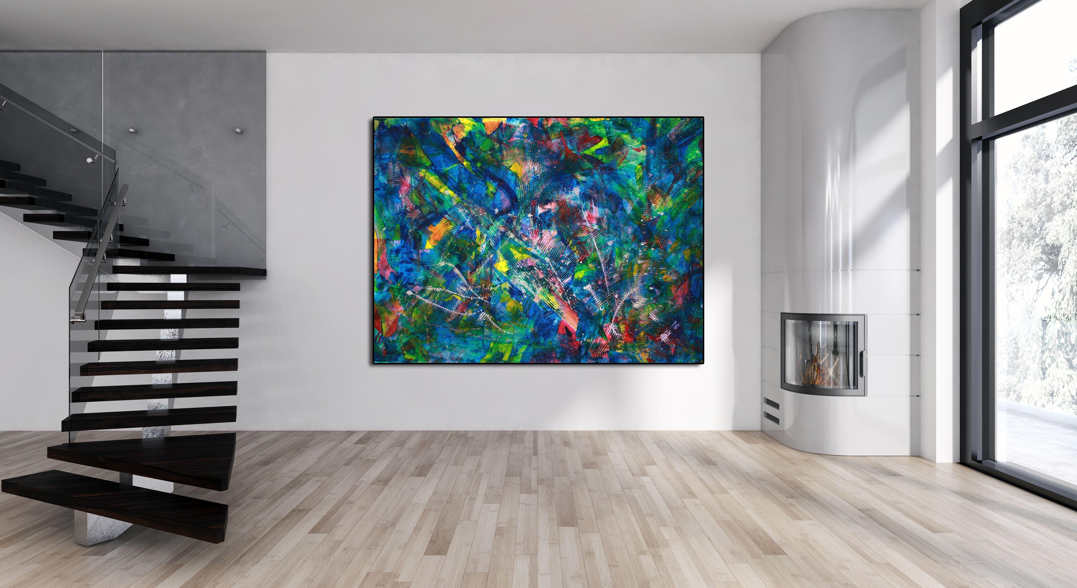 Vibrant rainbow inspired acrylic abstract painting with beautiful details and bright color palette. textured, lots of motion and light. Contains iridescent effects and beautiful color mixing.         **Signed and ready to hang with a hook on back -