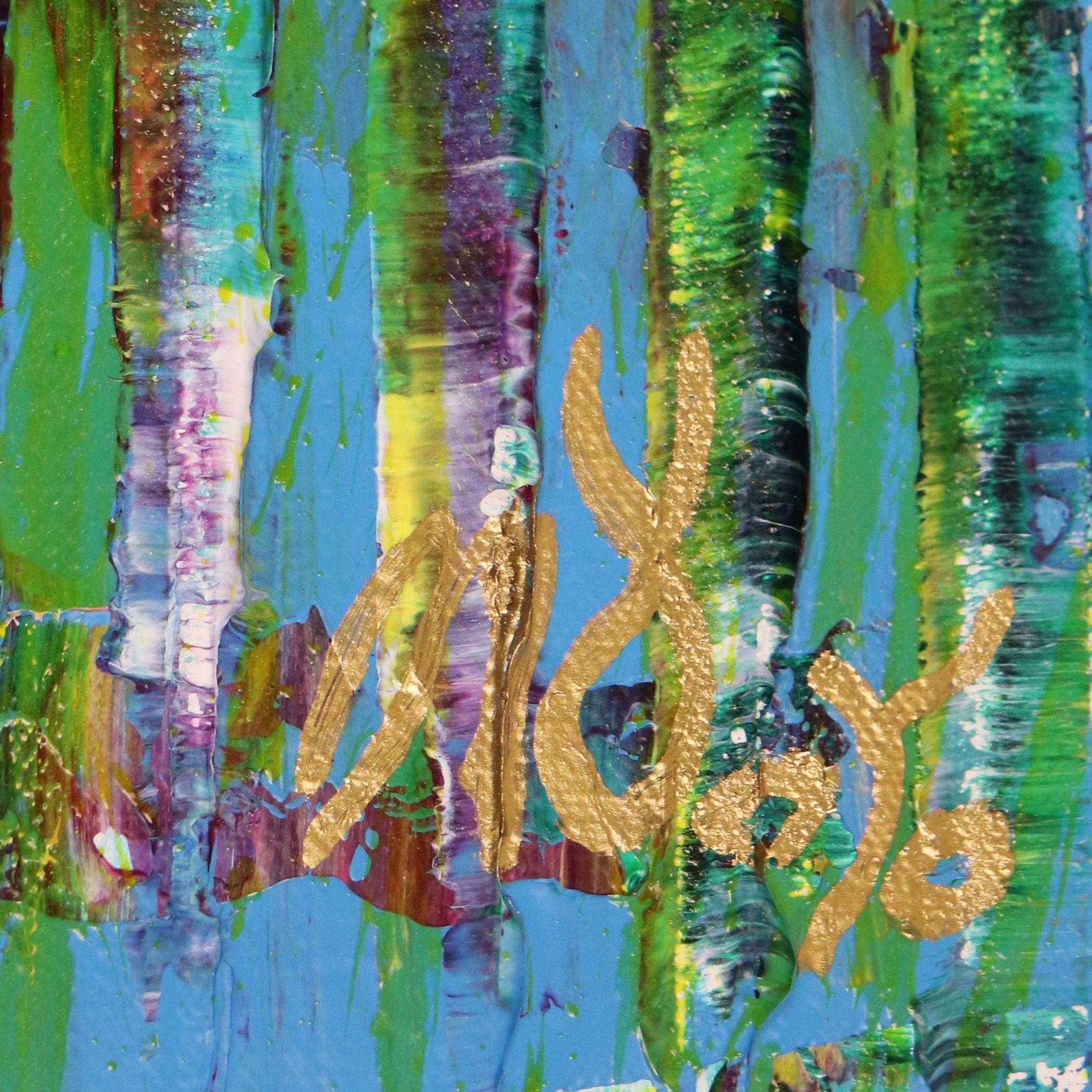 Impasto abstrait d'inspiration Nature, couleurs Forêt, beaucoup de verts, bleus, jaunes, quelques détails violets et bleus réalisés à l'aide de couteaux à palette. Signé au recto.    J'inclus un certificat d'authenticité qui répertorie les matériaux