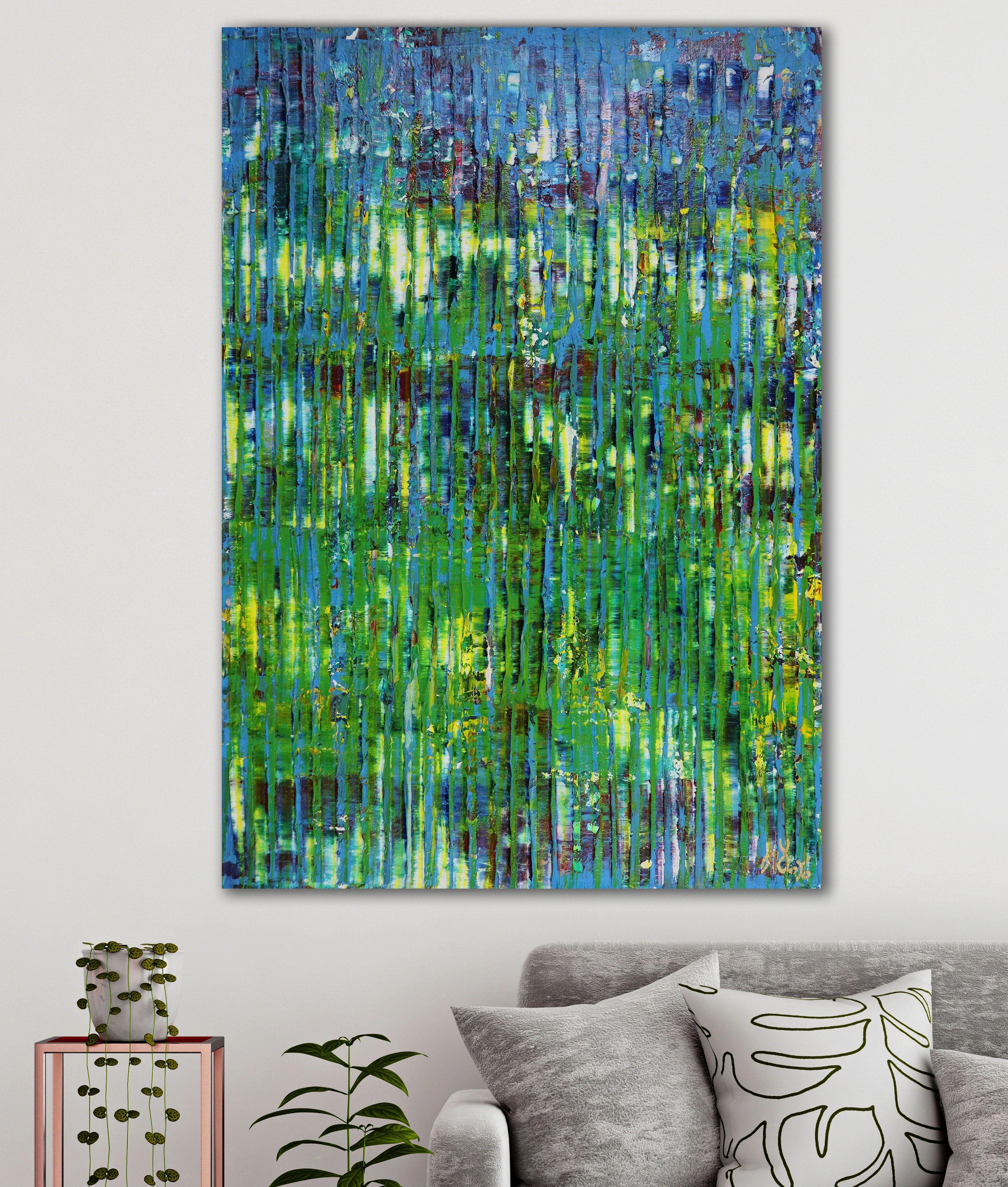 Impasto astratto d'impatto ispirato alla natura, colori della foresta, molti verdi, blu, gialli, alcuni dettagli viola e blu completati con le spatole. Firmato davanti.    Includo un certificato di autenticità che elenca i materiali e la data di