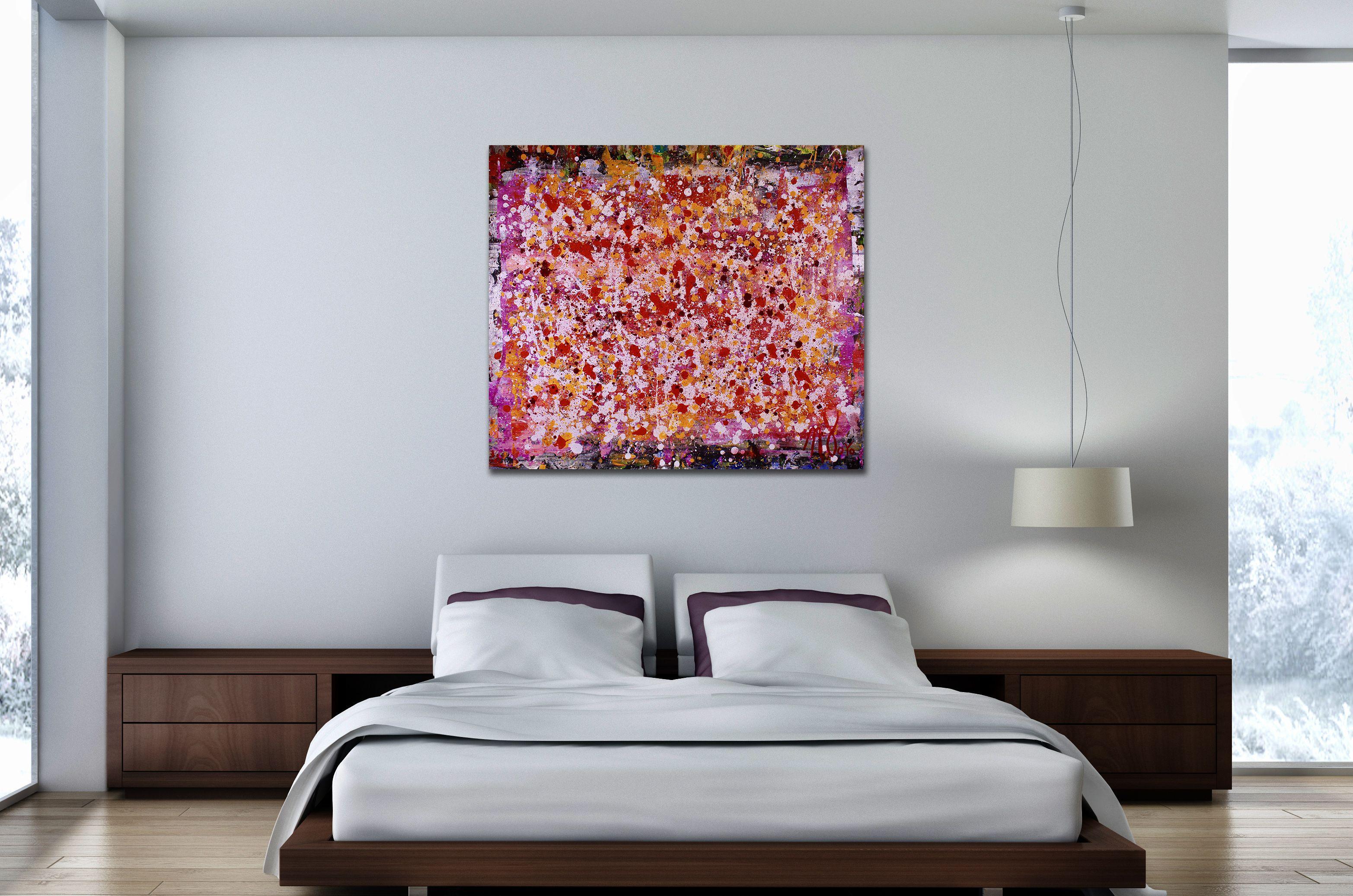 Campi di colore astratti, motivi organici e gocciolamenti! Arancione, magenta, bianco, argento, rosso e altri colori. Firmato.     Quest'opera è stata creata su una tela sfusa di alta qualità e viene spedita arrotolata in un tubo. Basta portarlo dal