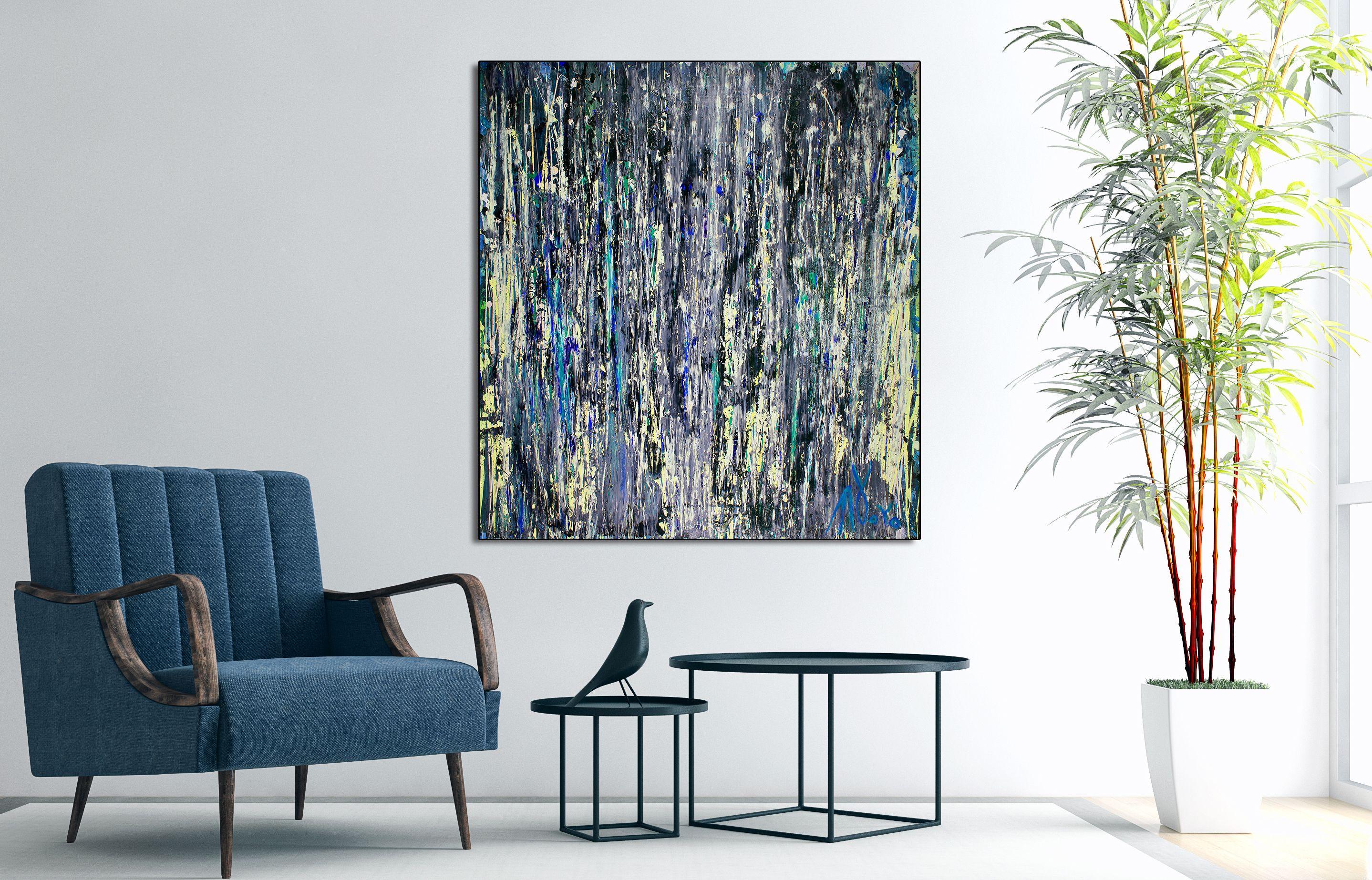Fondo oscuro iridiscente brillante y goteos de color para esta pintura muy contemplativa. Entre los colores están el azul oscuro, el amarillo, el verde, el naranja claro y algunos perlados. Pintura abstracta muy expresiva.     Realizado sobre un