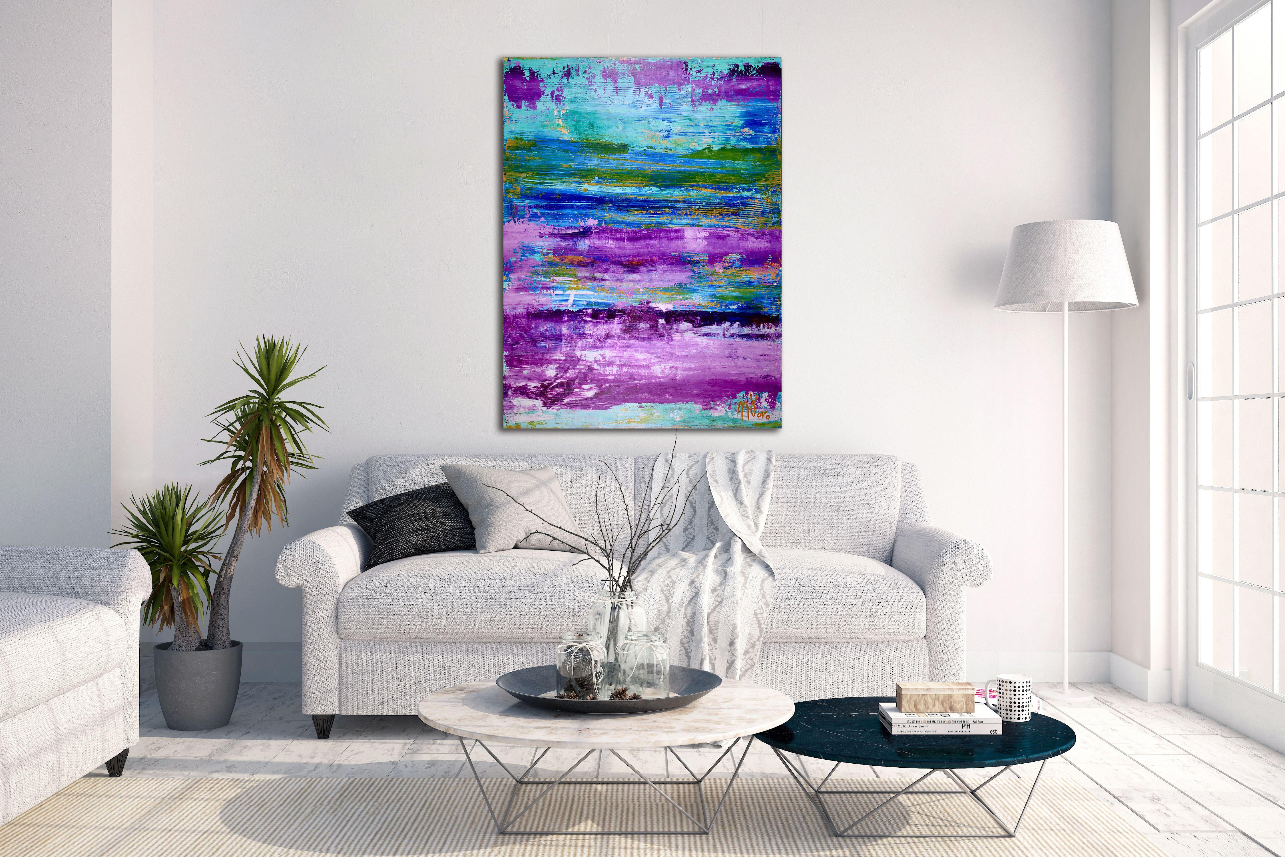 Thick layered colorfield style piece with vibrant shades of turquoise green and blue, yellow undertones and gestural purple paint strikes. Contemplative, calming feel and lots of depth. This painting is textured and layered! High quality Golden