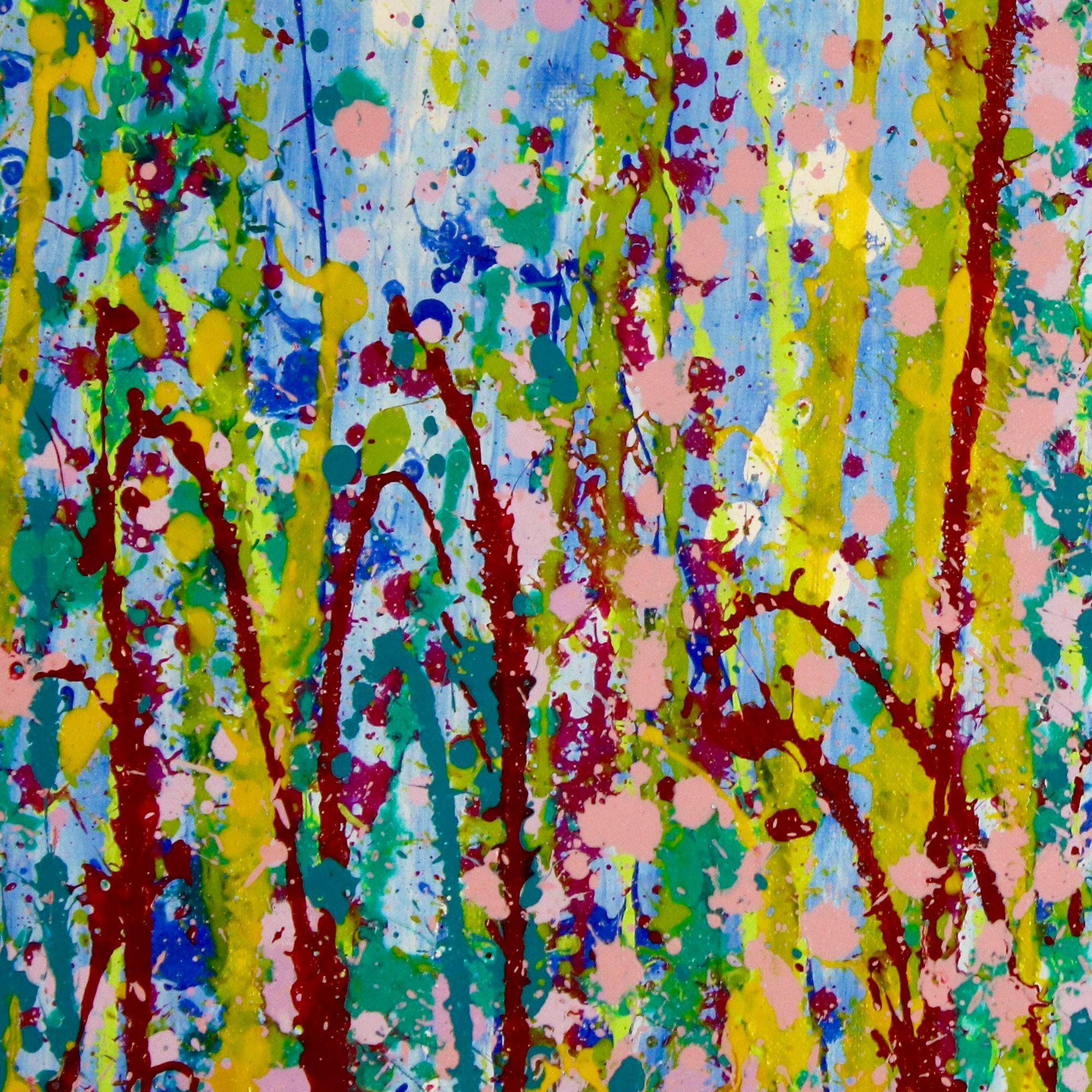 Bright colors large impactful abstract, bold color combinations of iridescent colors. Gold Yellow, crimson, light pink, teal, shades of blue and light green.     This painting is shipped in a tube, signed in front and plenty of edge for one inch