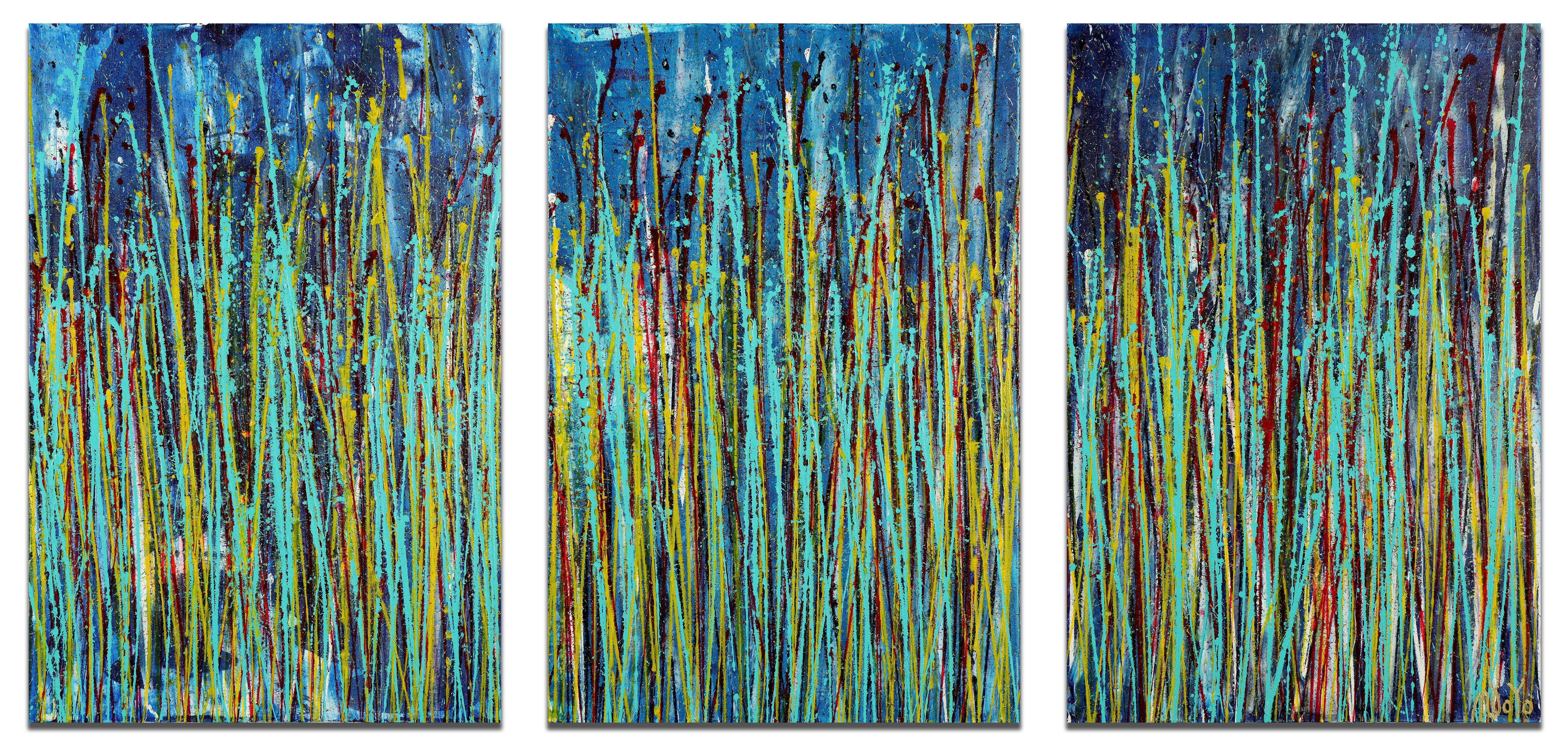 Tre tele di 24L x 36H x 0,7 pollici ciascuna.    Un astratto moderno ed espressivo, pieno di vita, lucentezza e brillantezza! Ispirato alla natura, con molte sfumature di blu, giallo e toni pastello combinati con particelle di mica e bagliori