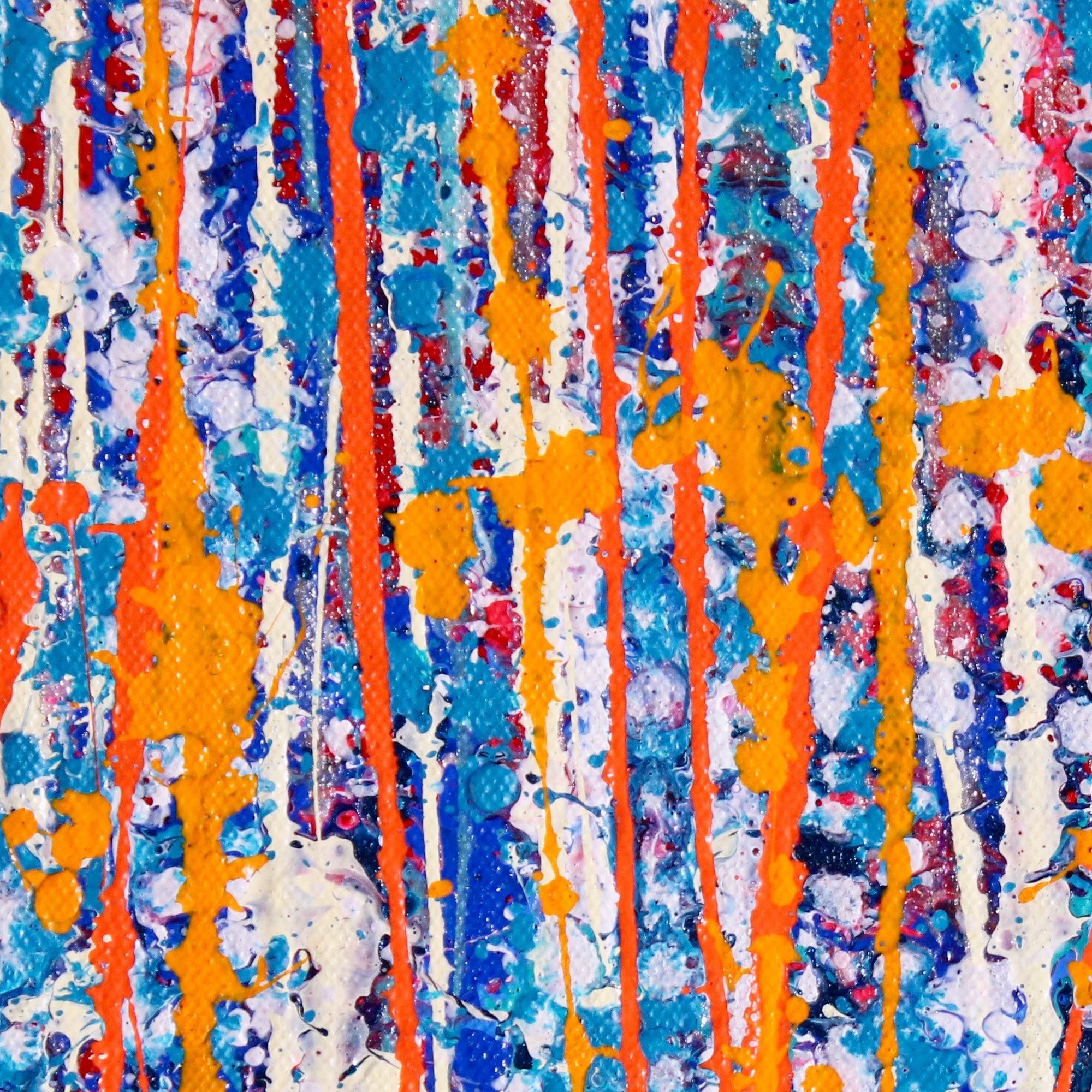 Abstract inspired by nature lots of paint strokes. White, silver, many shades of blue and bold orange, over magenta background.     This painting is on loose canvas and ships in a tube. This painting is signed in front, plenty of edge for framing!  