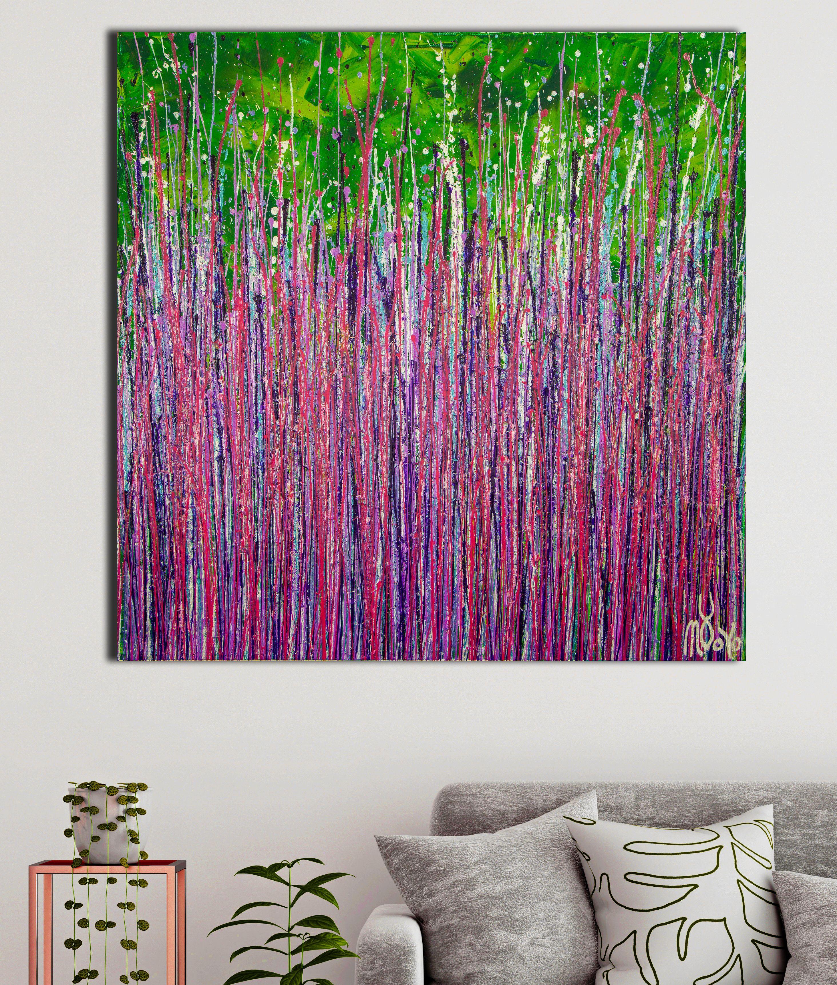 Pintura: Acrílico sobre lienzo.    Expresivo, audaz lleno de vida y brillo! inspirado en la naturaleza, muchos colores combinados con partículas de mica. Verde, morado, rosa, plata y transparente iridiscente sobre fondo verde. Firmado delante   