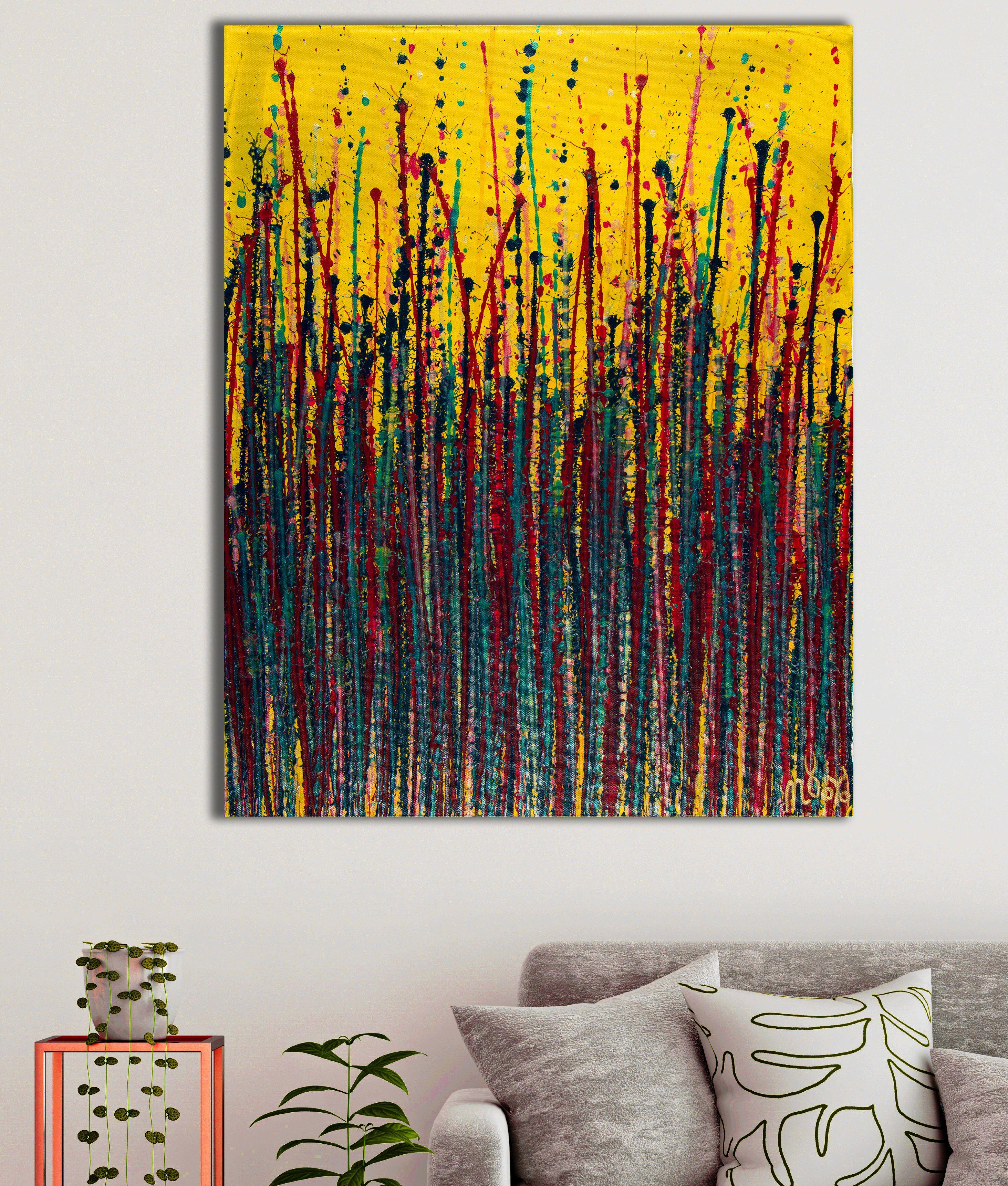 Gemälde: Acryl auf Leinwand.    Ausdrucksstarke moderne abstrakte, kühn voller Leben, Glanz und Schimmer! inspiriert von der Natur, viele Schattierungen und Farben, rot, silber, blau, gelb alle kombiniert mit Glimmerpartikeln über Zitronengelb.