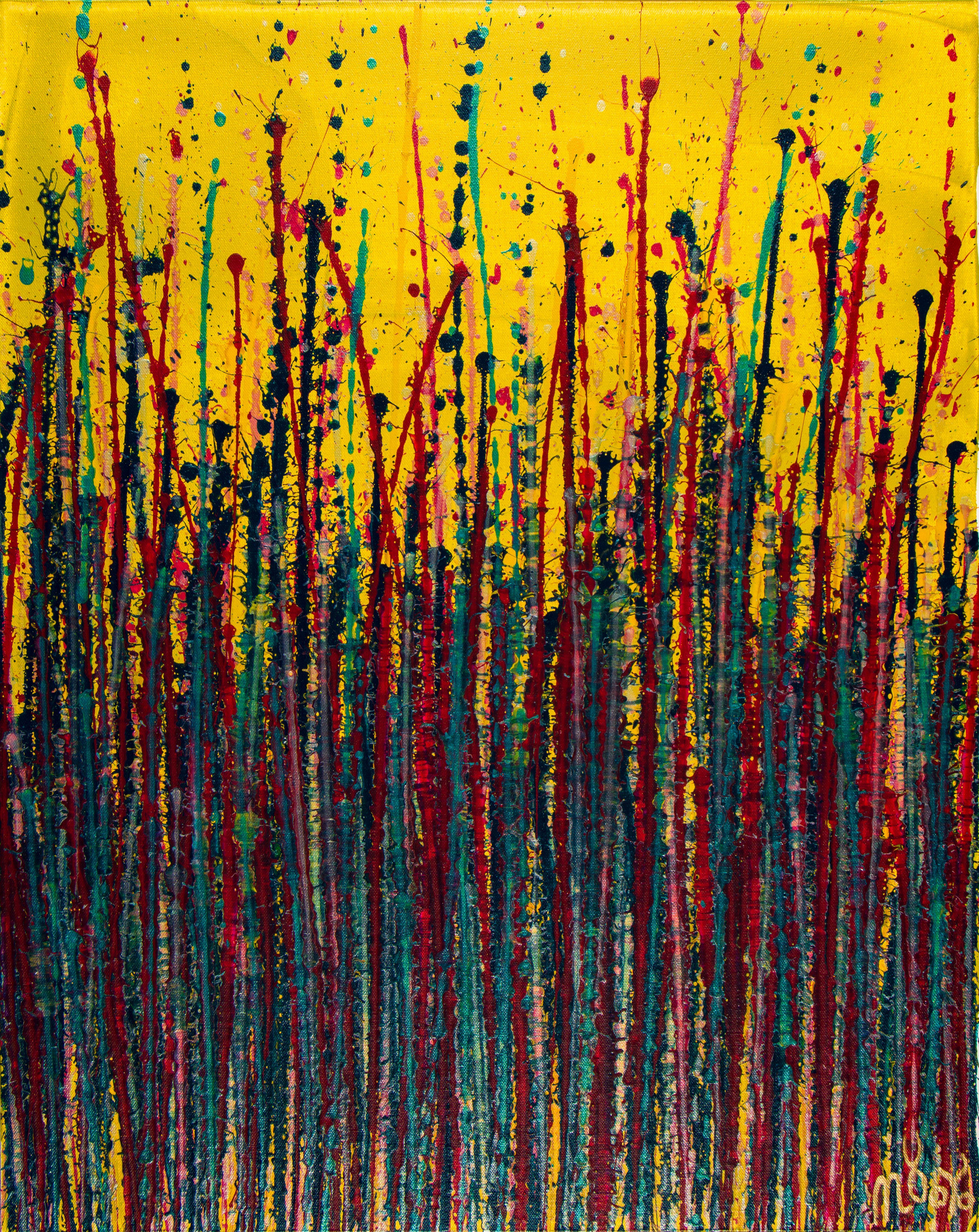 Painting: Acrylic on Canvas.    Expressive modern abstract, bold full of life, gloss and shimmer! inspired by nature, many shades and hues, red, silver, blue, yellow all combined with mica particles over lemon yellow . signed in front with gold ink.