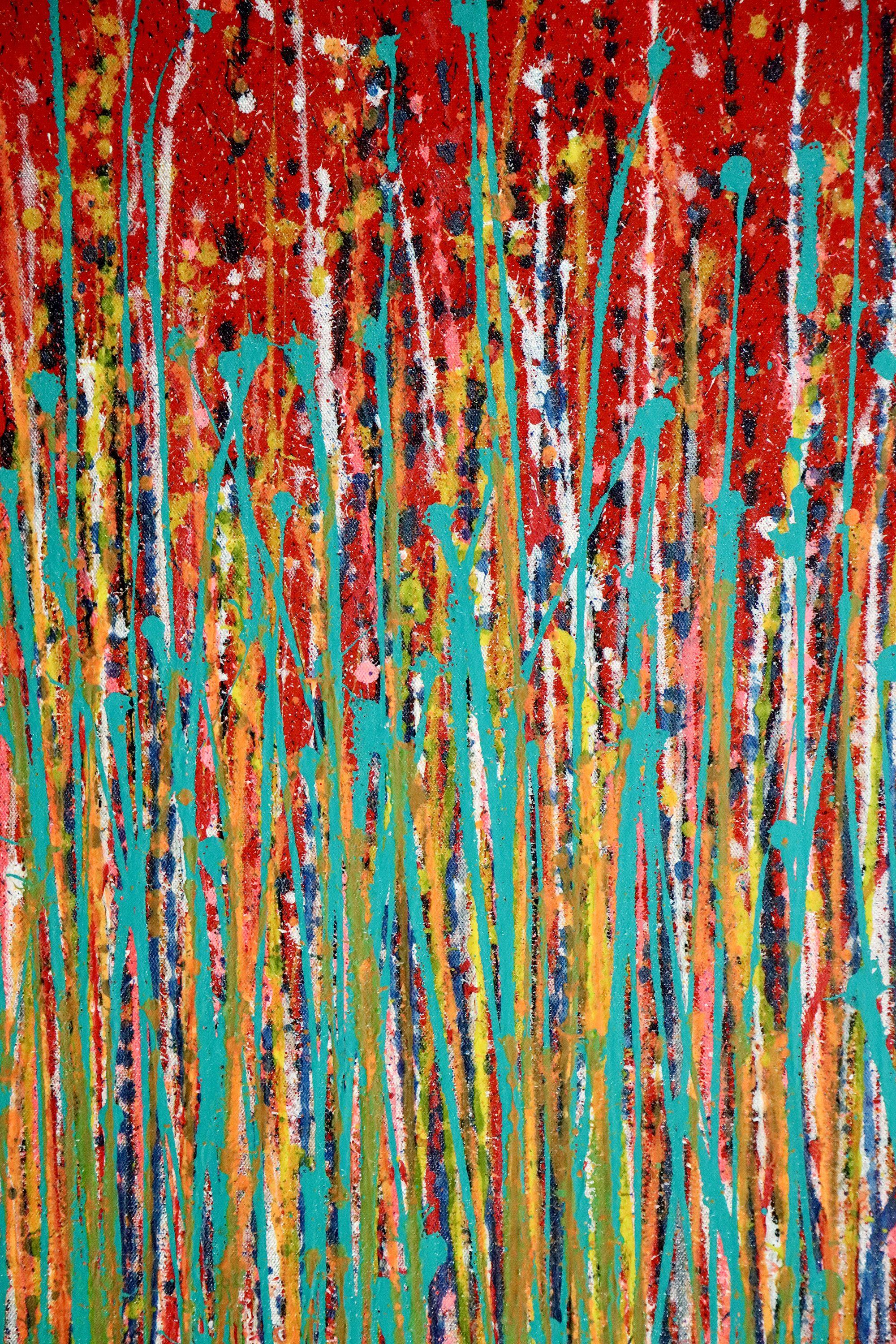 Expressive modern abstract, bold full of life, gloss and shimmer! inspired by nature, many shades and hues, red, indigo, blue, yellow, teal and orange combined with mica particles over vibrant red background. signed in front with gold ink.  Unframed
