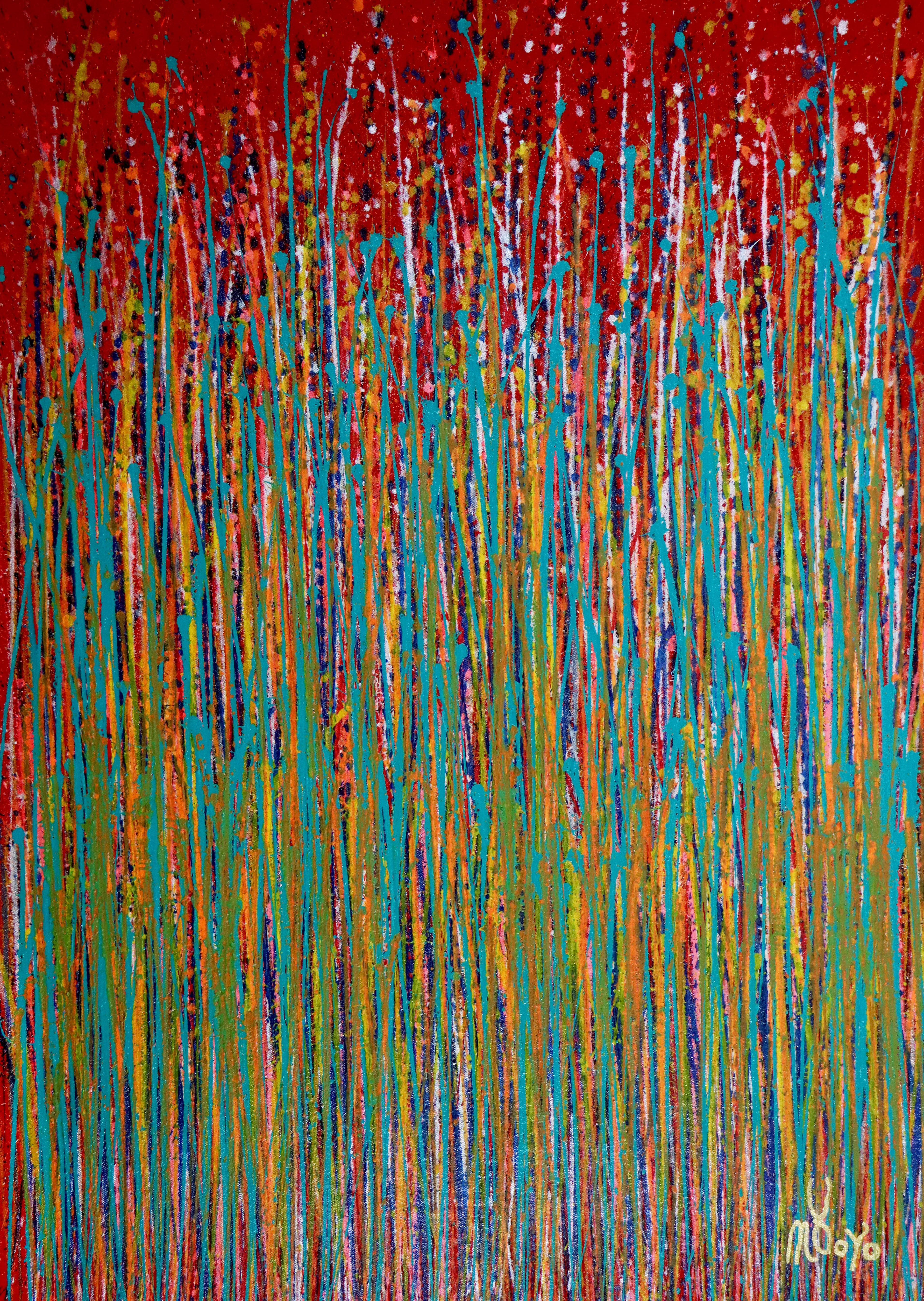 Nestor Toro Abstract Painting - Garden rhythm (Over Red), Painting, Acrylic on Canvas