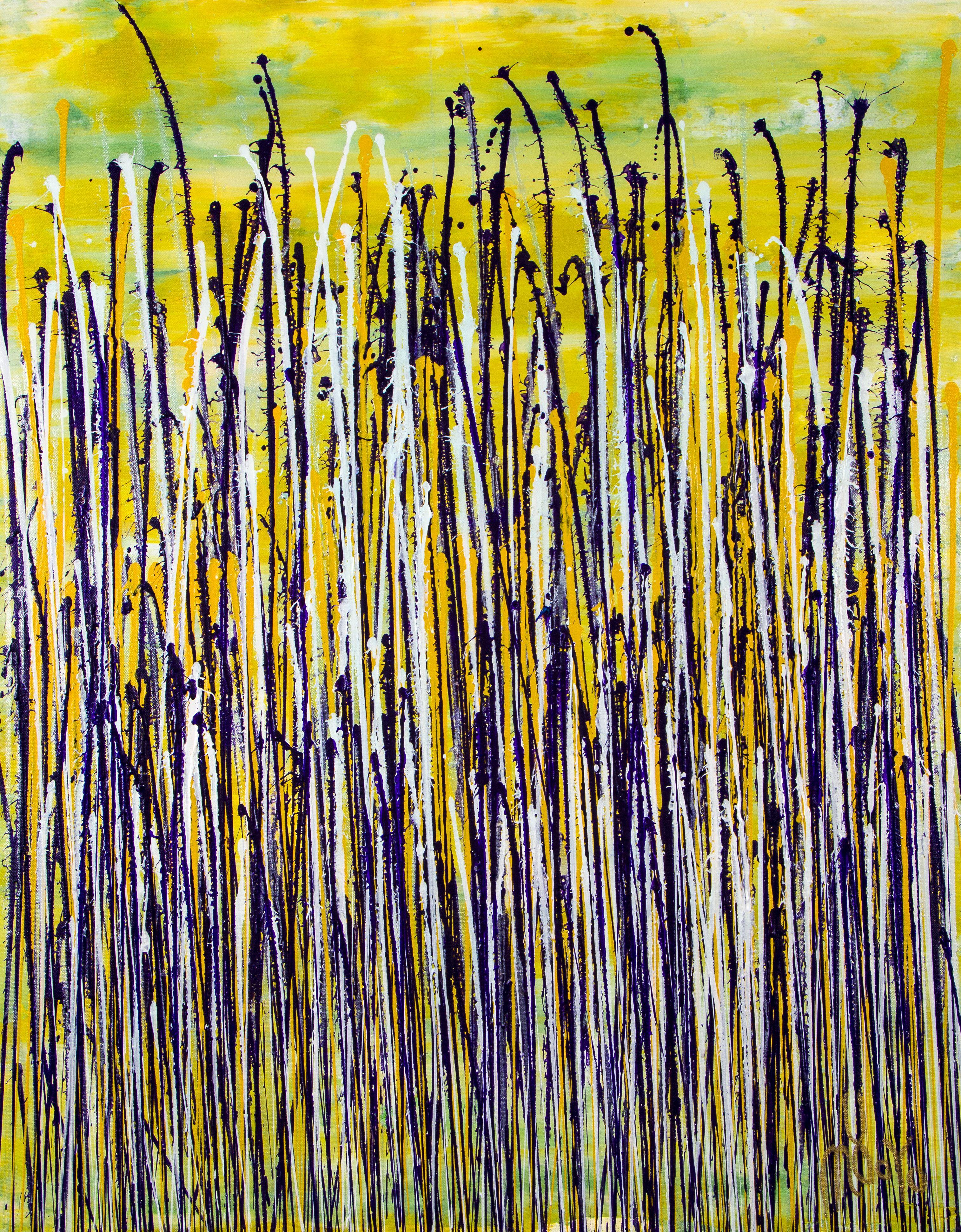 Abstract Painting Nestor Toro - Jardin verdoyant (réflections violettes et jaunes), peinture, acrylique sur toile