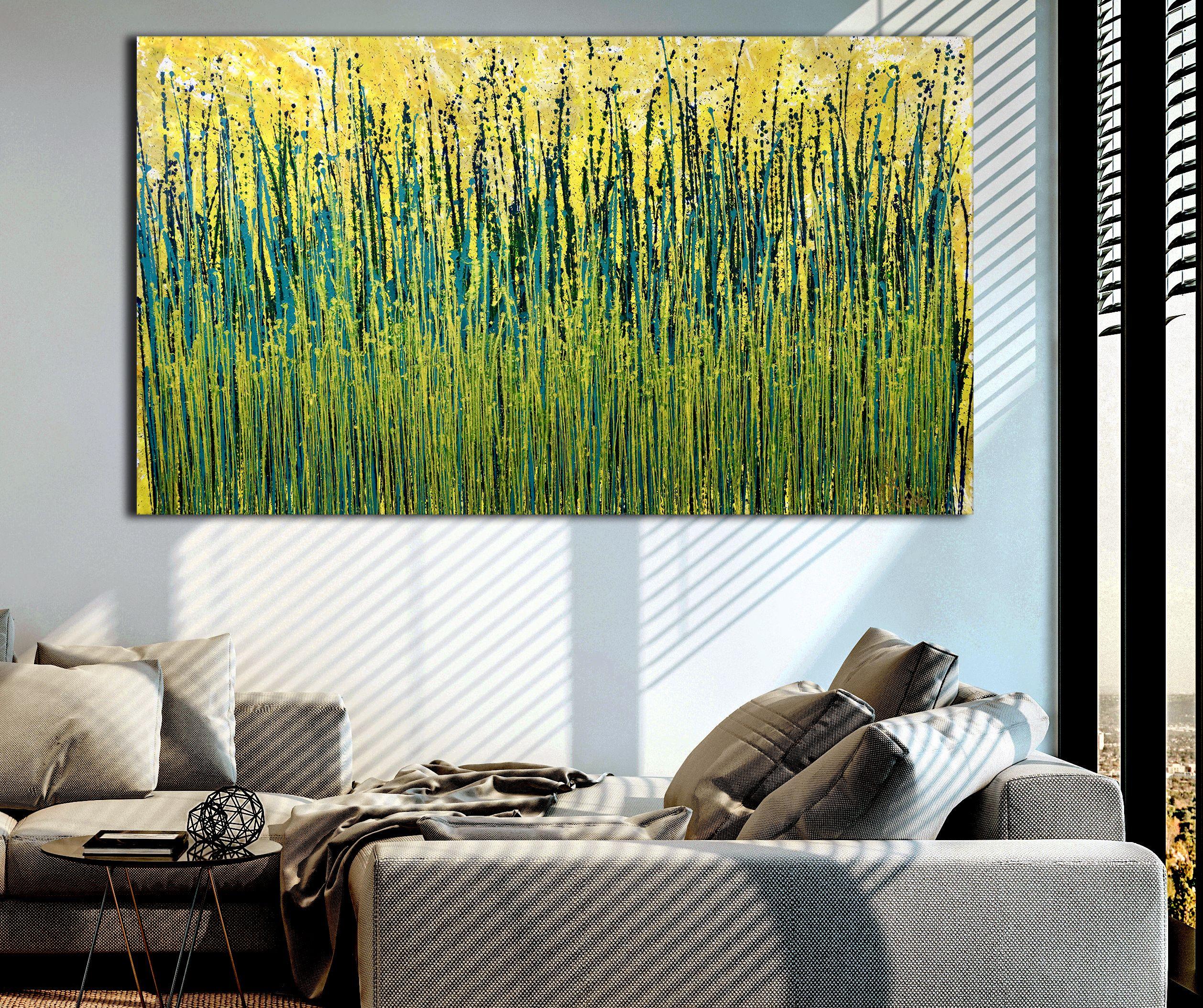 Expressive modern abstract, bold full of life, gloss and shimmer! inspired by nature, many shades and hues of green, blue green, indigo, teal, yellow, gold combined with mica particles over golden yellow background. signed in front with gold ink. 